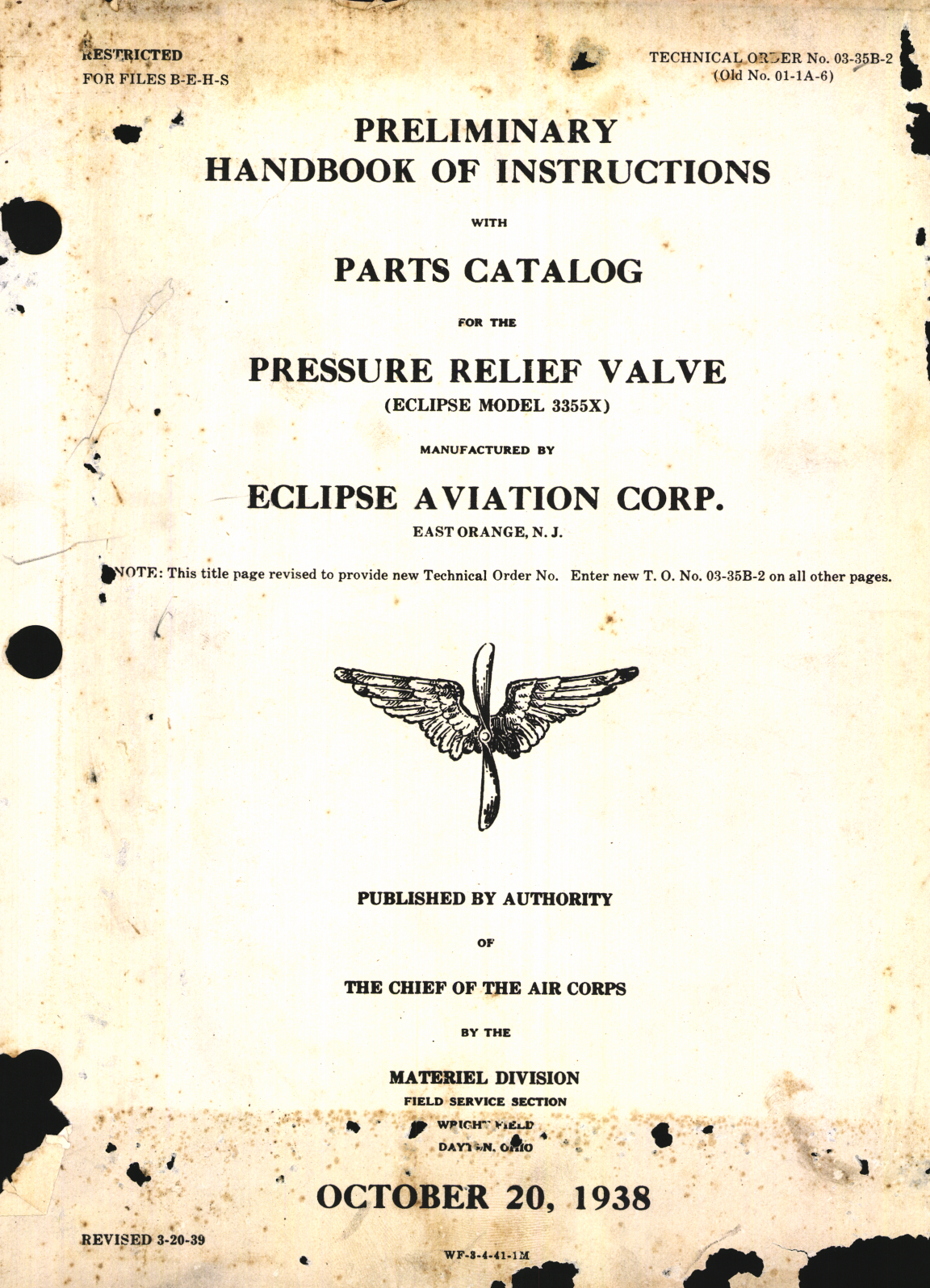Sample page 1 from AirCorps Library document: Preliminary Handbook of Instructions with Parts Catalog for Pressure Relief Valve Model 3355X