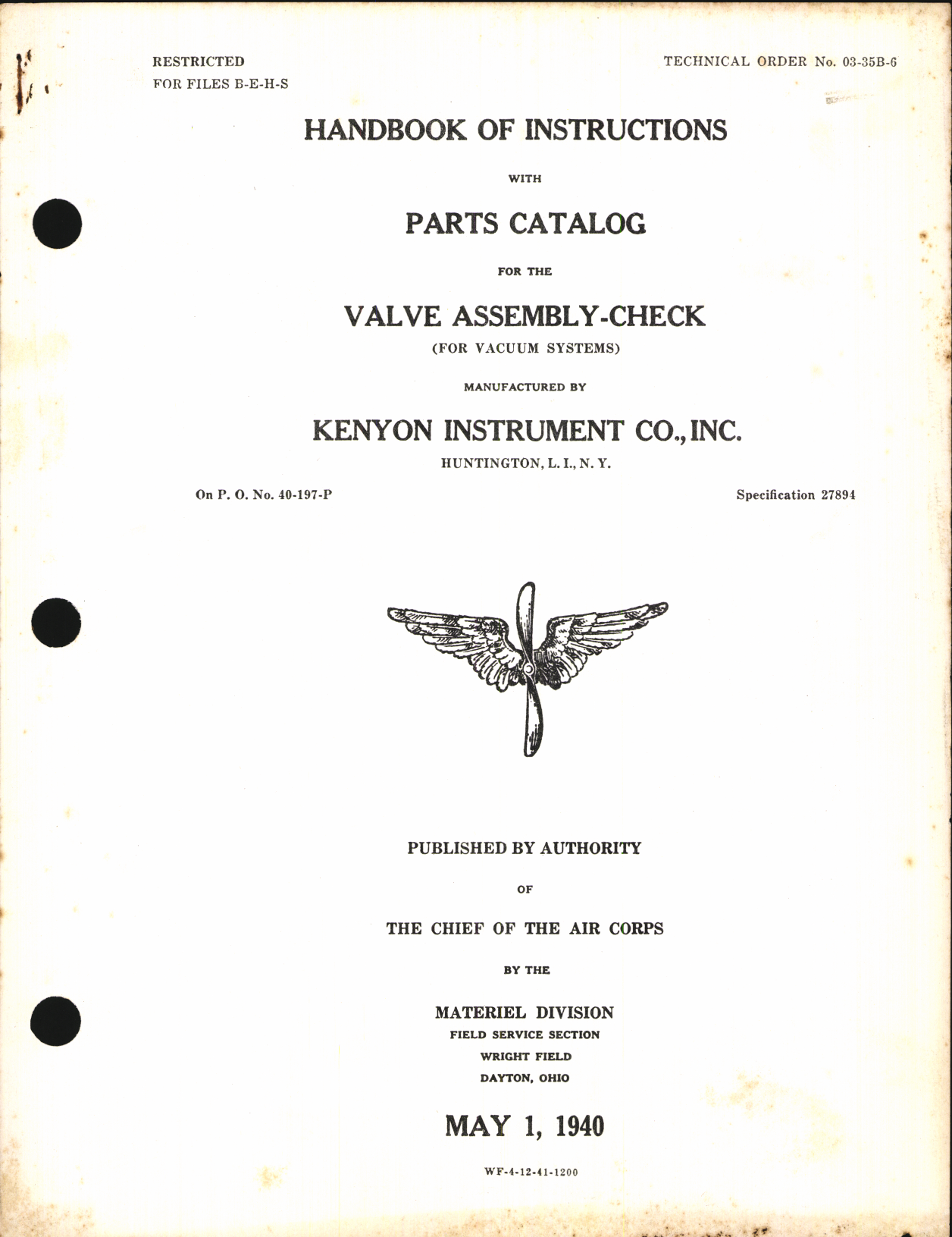 Sample page 1 from AirCorps Library document: Handbook of Instructions with Parts Catalog for Valve Assembly-Check For Vacuum Systems