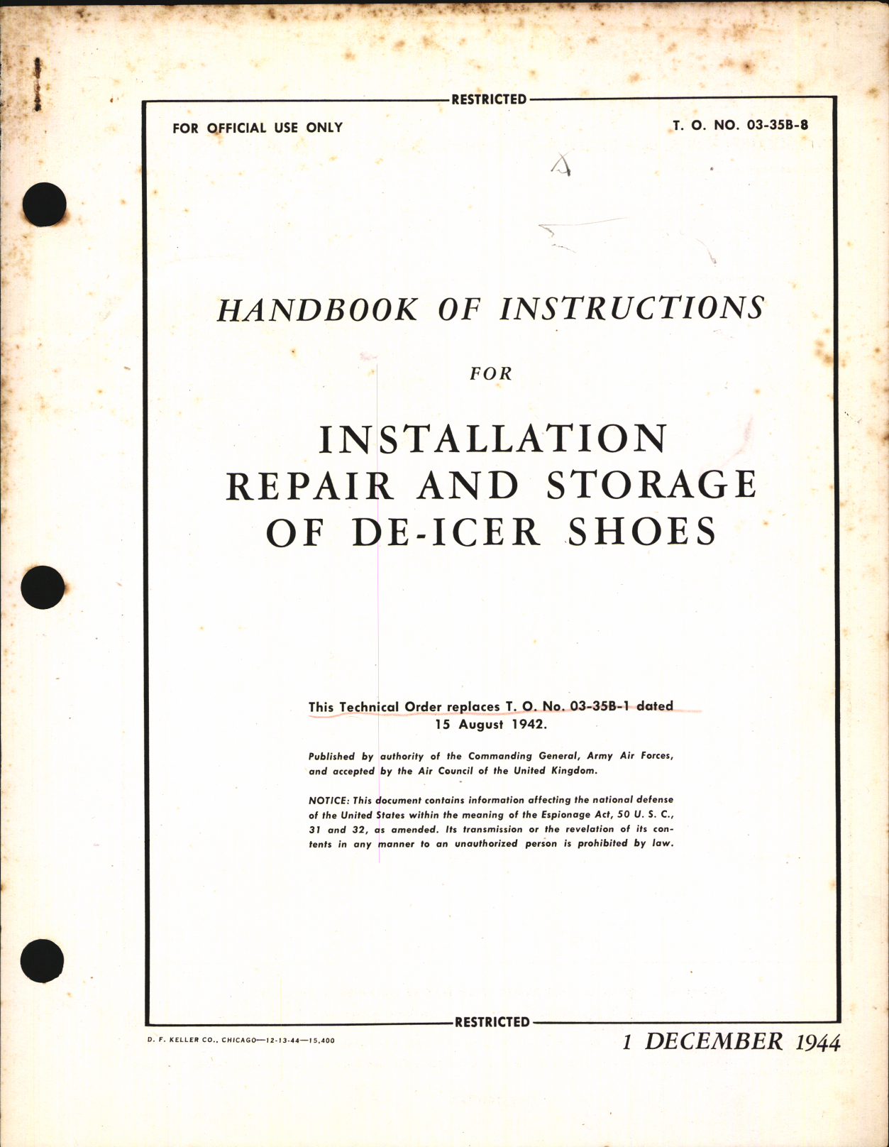 Sample page 1 from AirCorps Library document: Handbook of Instructions for Installation, Repair, and Storage of De-Icer Shoes