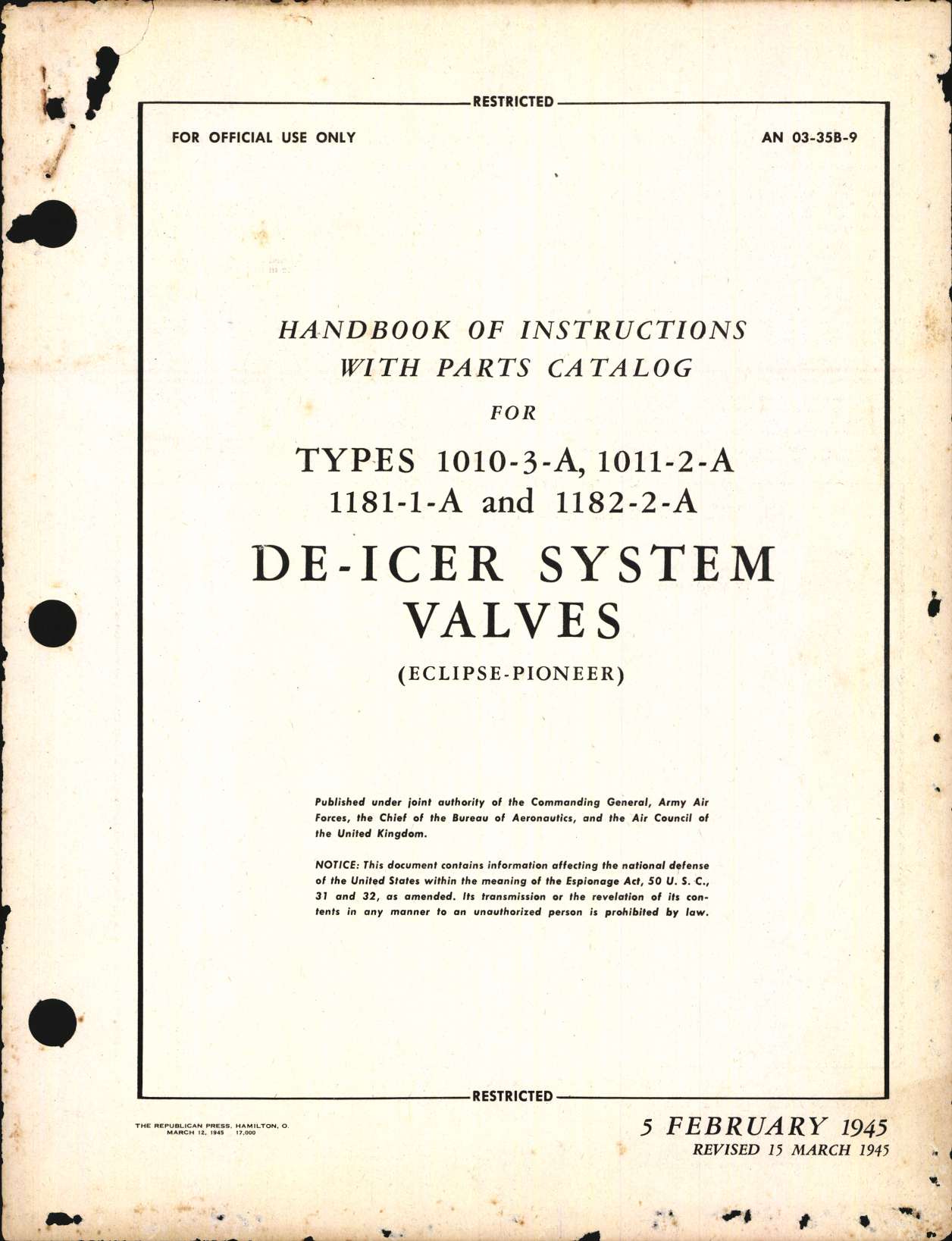 Sample page 1 from AirCorps Library document: Handbook of Instructions with Parts Catalog for De-Icer System Valves