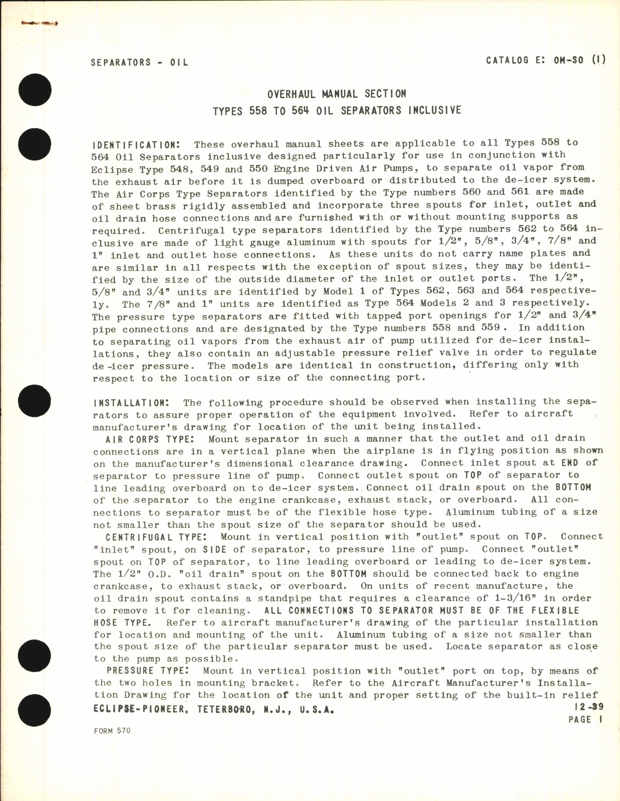 Sample page 1 from AirCorps Library document: Overhaul Manual Section - Types 558 to 564 Oil Separators Inclusive