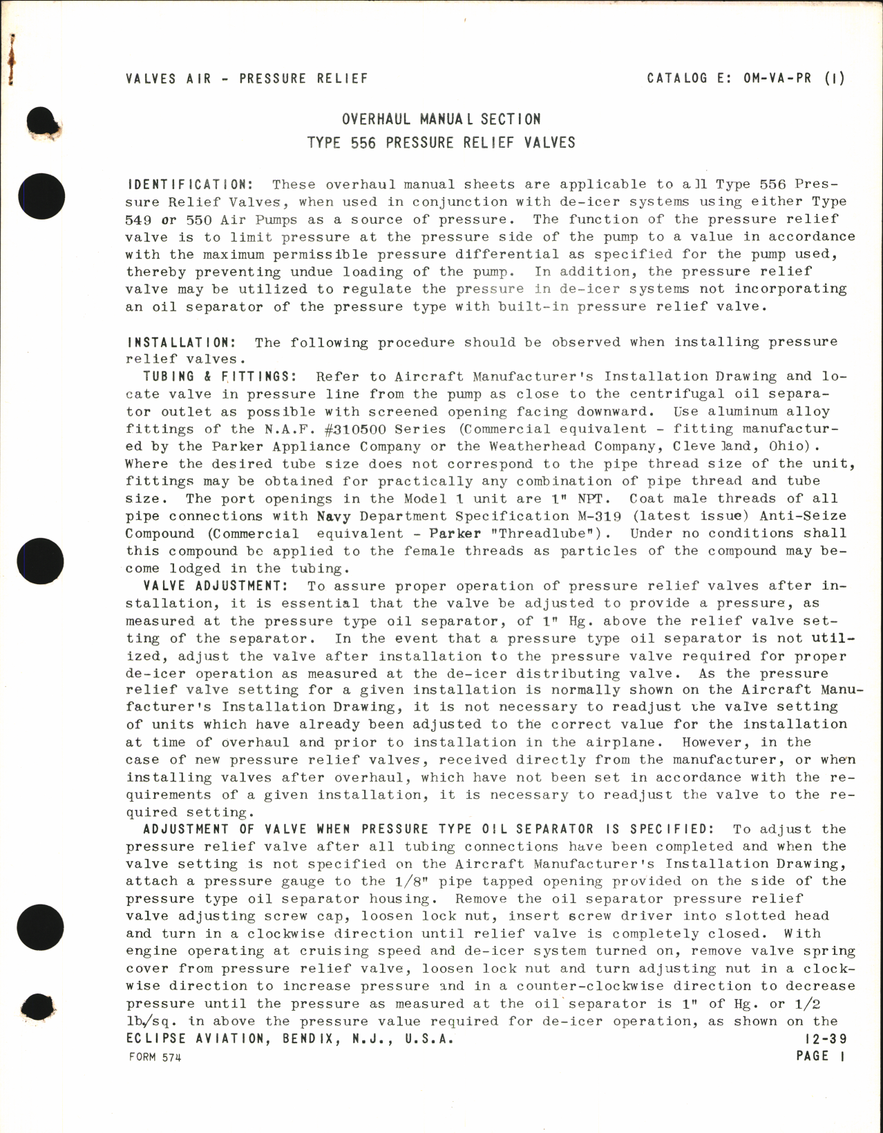 Sample page 1 from AirCorps Library document: Overhaul Manual Section - Type 556 Pressure Relief Valves