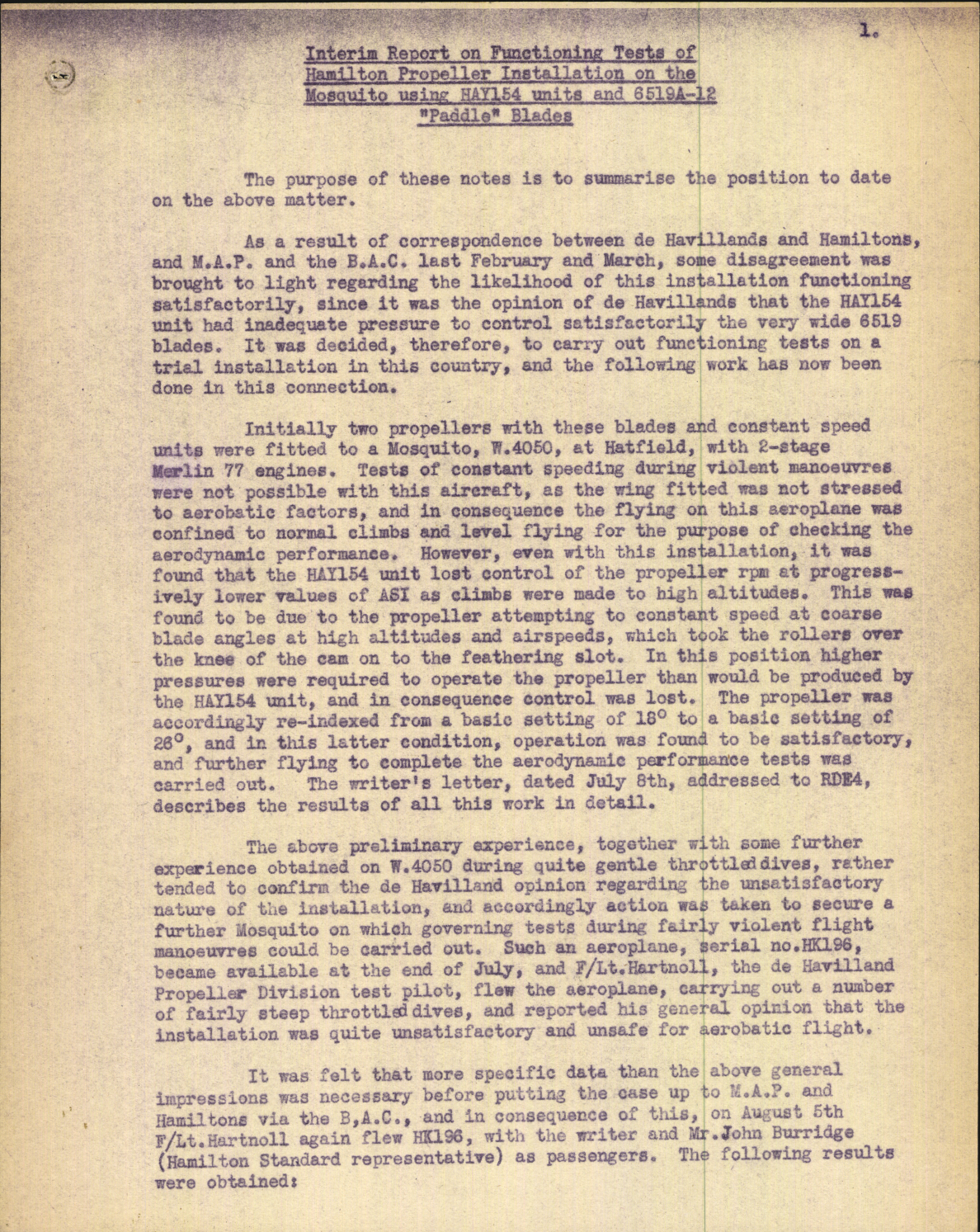 Sample page 1 from AirCorps Library document: Interim Report on Functioning Tests of Hamilton Prop Install on the Mosquito