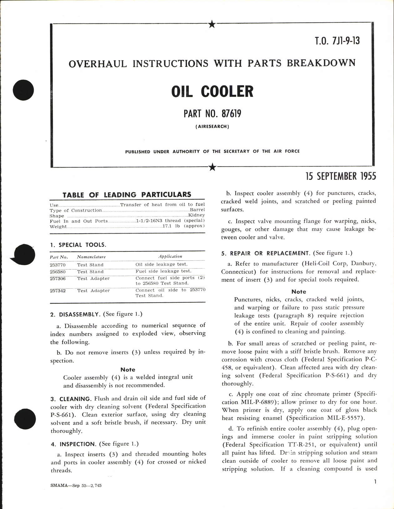 Sample page 1 from AirCorps Library document: Overhaul Instructions with Parts Breakdown for Oil Cooler Part No. 87619