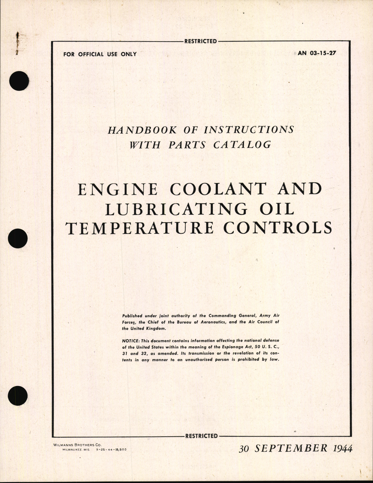 Sample page 1 from AirCorps Library document: Handbook of Instructions with Parts Catalog for Engine Coolant and Lubricating Oil Temperature Controls