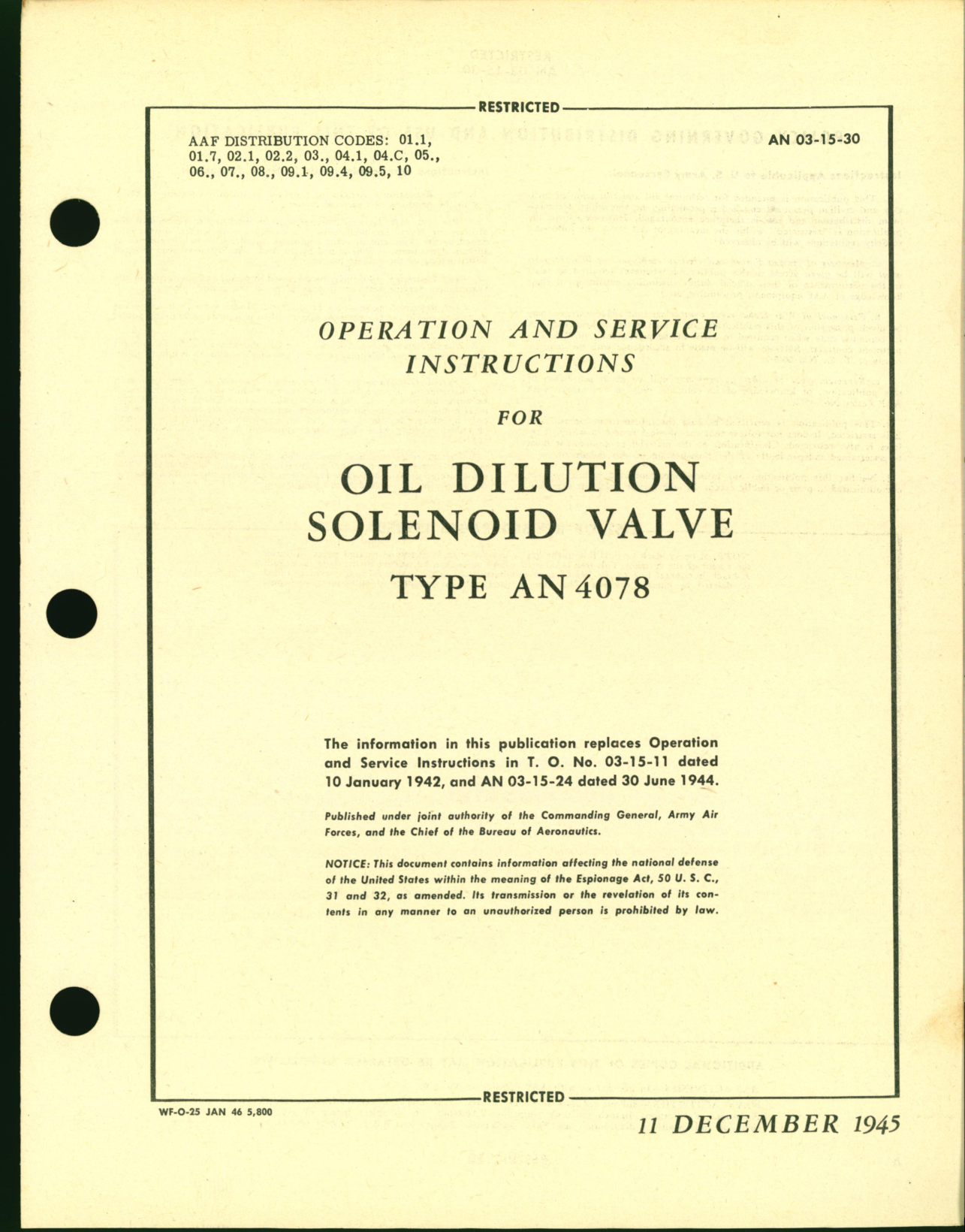 Sample page 1 from AirCorps Library document: Operation and Service Instructions for Oil Dilution Solenoid Valve Type AN4078