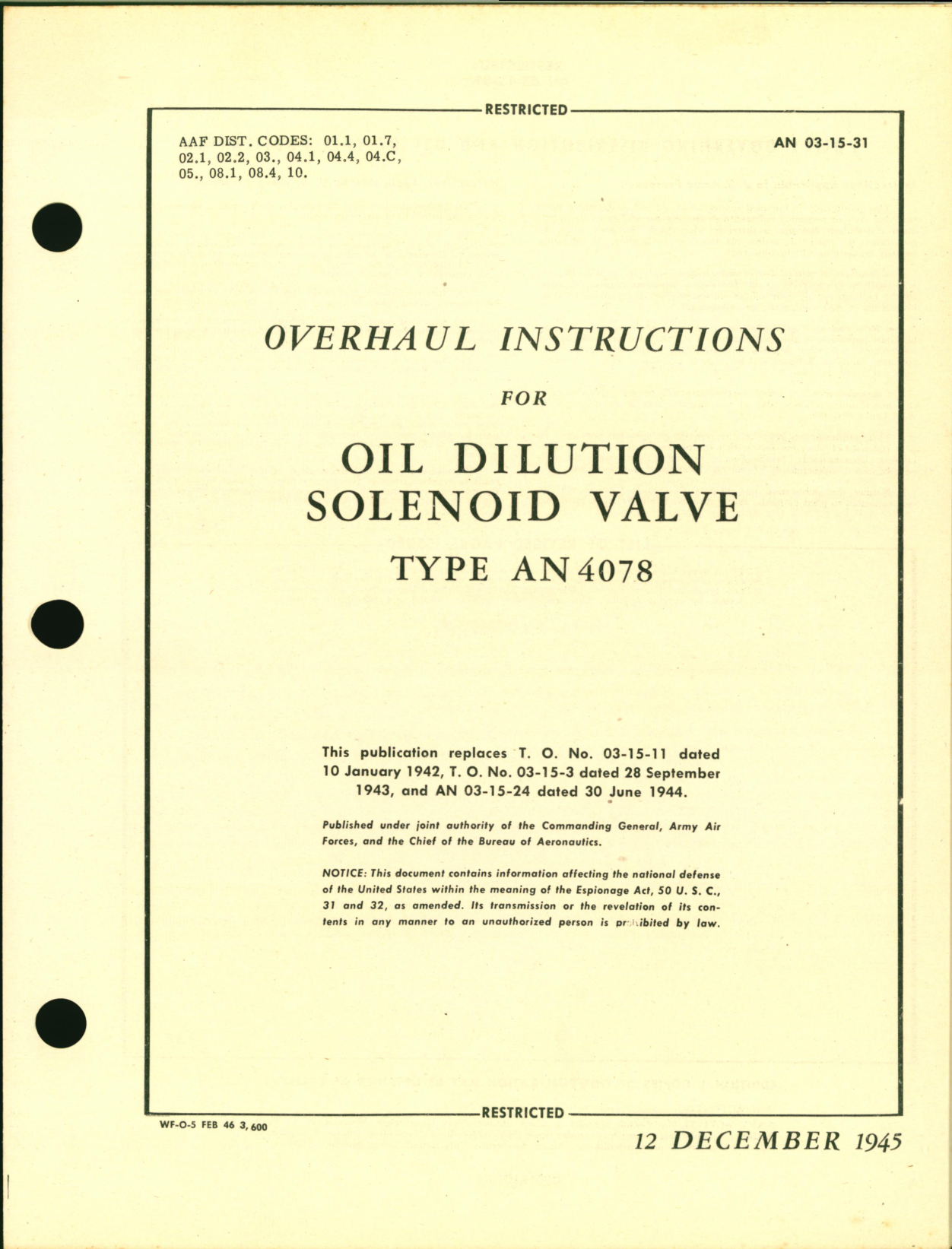 Sample page 1 from AirCorps Library document: Overhaul Instructions for Oil Dilution Solenoid Valve Type AN 4078