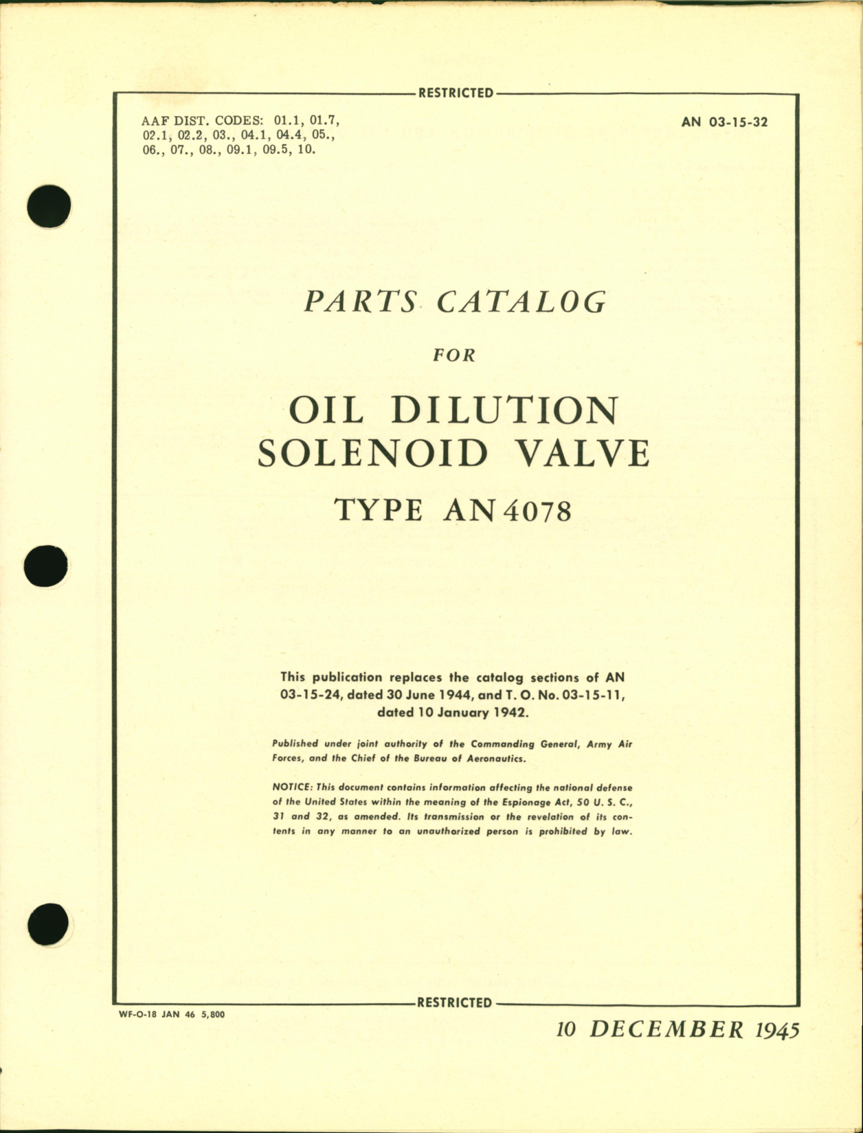 Sample page 1 from AirCorps Library document: Parts Catalog for Oil Dilution Solenoid Valve Type AN 4078