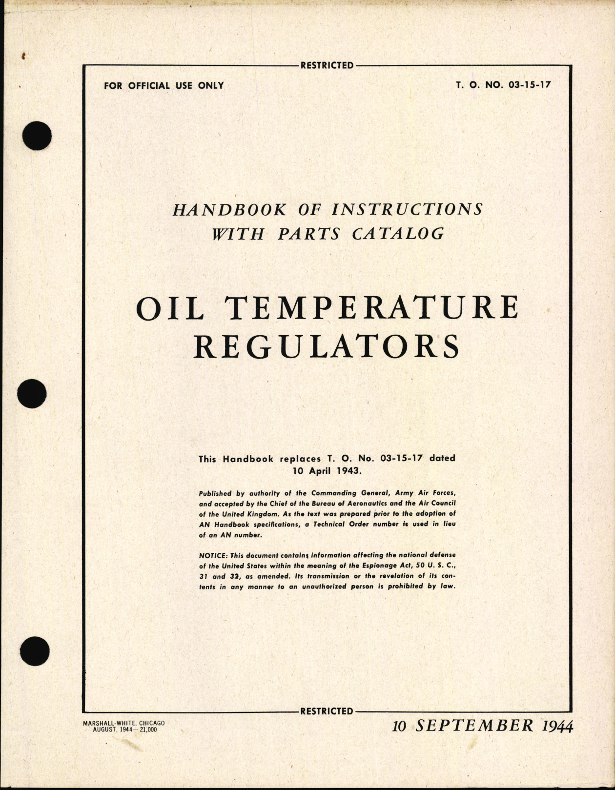 Sample page 1 from AirCorps Library document: Handbook of Instructions with Parts Catalog for Oil Temperature Regulators