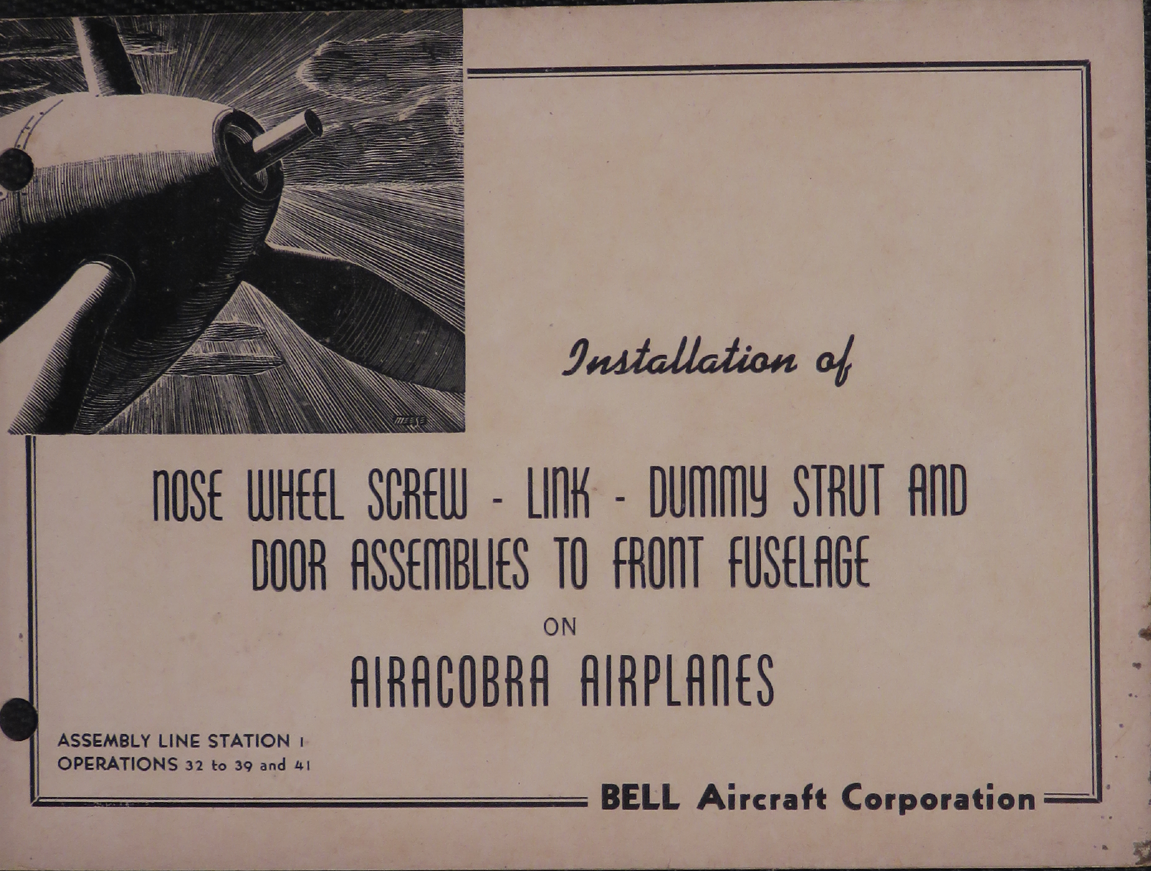 Sample page 1 from AirCorps Library document: Installation of Nose Wheel Screw - Link - Dummy Strut and Door Assemblies to Front Fuselage on Airacobra Airplanes