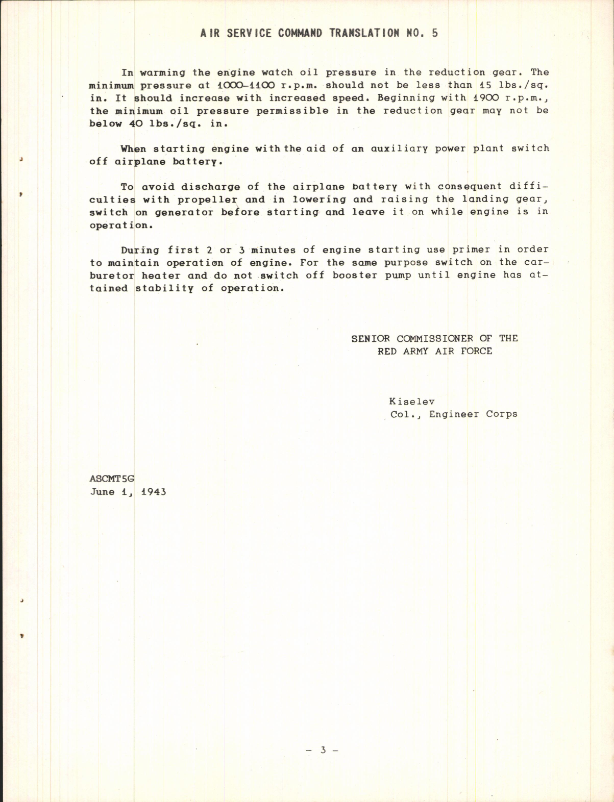 Sample page 5 from AirCorps Library document: Instructions of Red Army Air Force at Fairbanks, Alaska for Operating P-39 Airplanes at Low Temperatures