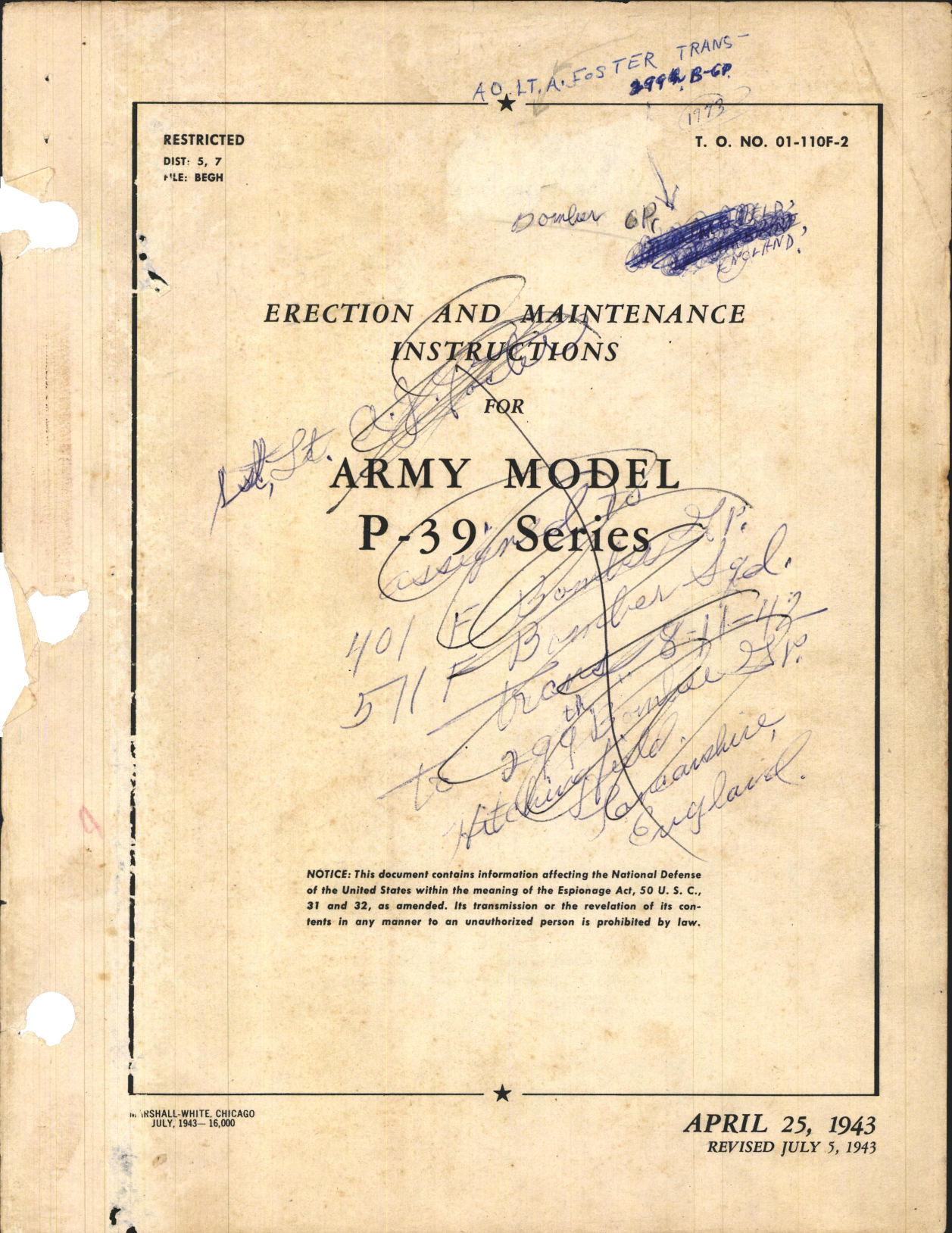 Sample page 1 from AirCorps Library document: Erection and Maintenance Instructions for Army Model P-39 Series