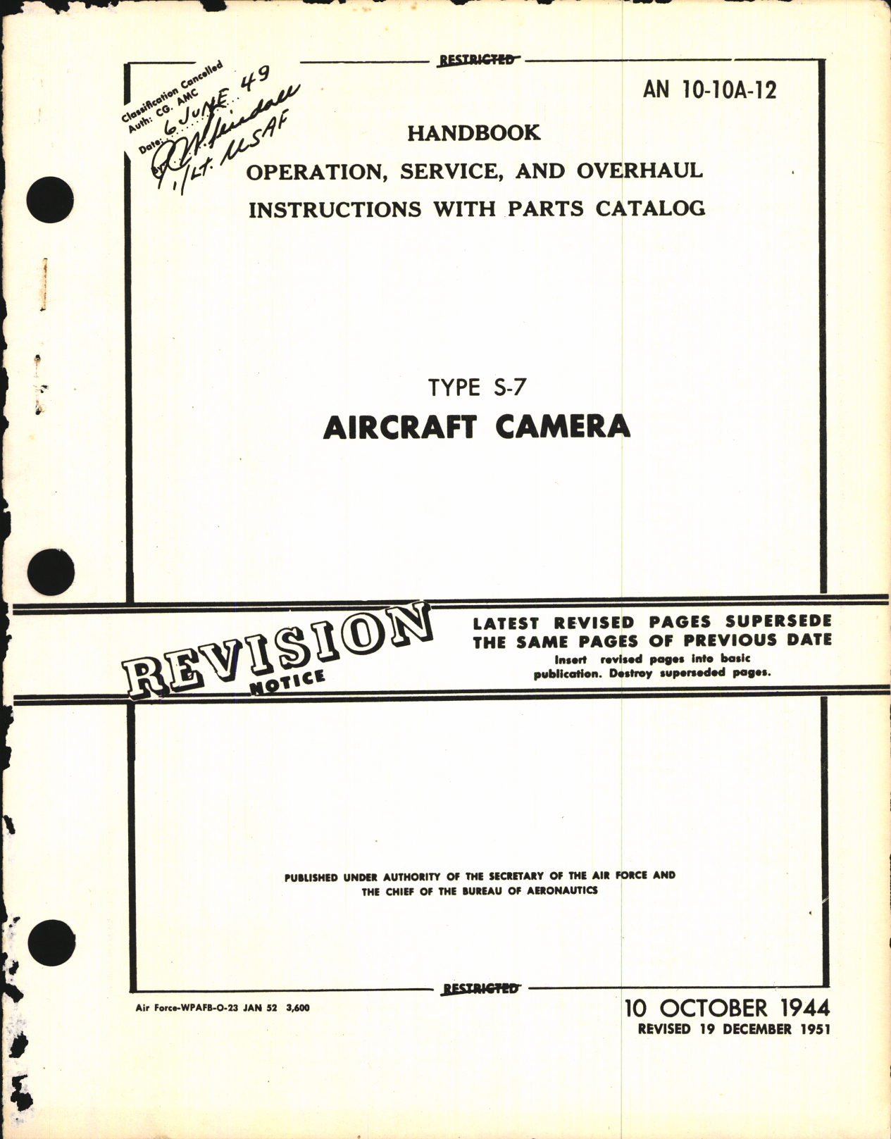 Sample page 1 from AirCorps Library document: Operation, Service, & Overhaul Instructions with Parts Catalog for Type S-7 Aircraft Camera