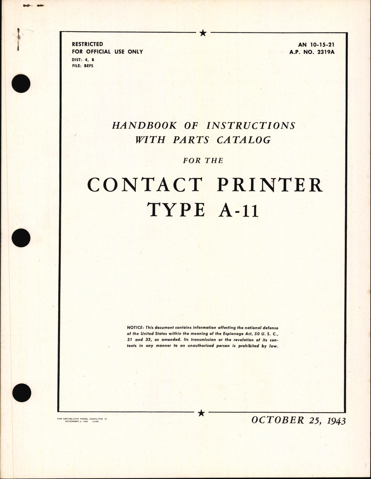 Sample page 1 from AirCorps Library document: Handbook of Instructions with Parts Catalog for Type A-11 Contact Printer