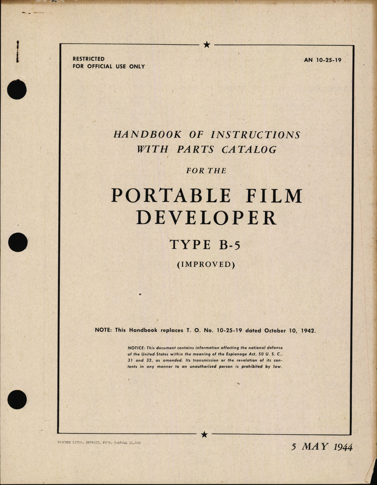 Sample page 1 from AirCorps Library document: Handbook of Instructions with Parts Catalog for Type B-5 Portable Film Developer (Improved)