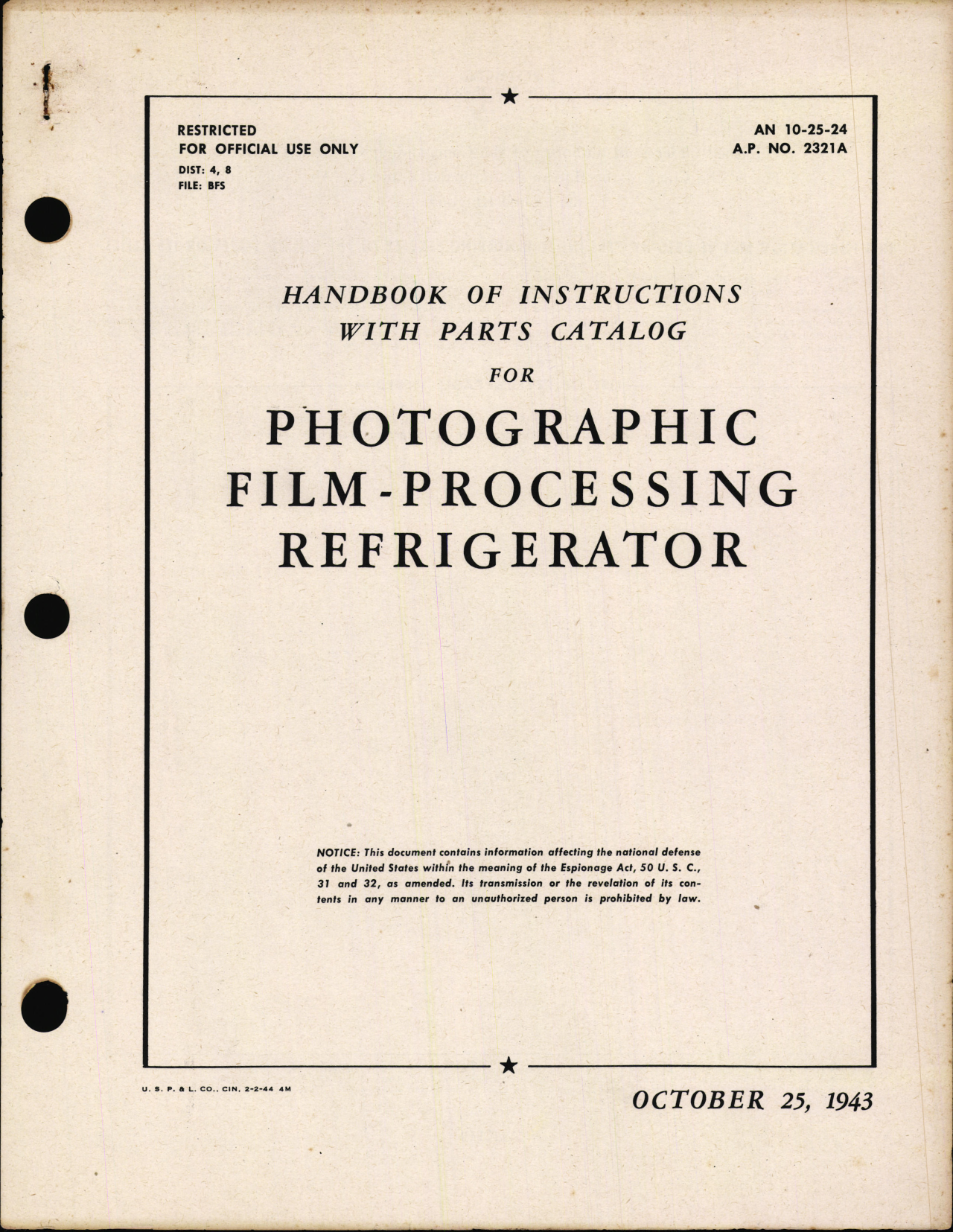 Sample page 1 from AirCorps Library document: Handbook of Instructions with Parts Catalog for Photographic Film-Processing Refrigerator