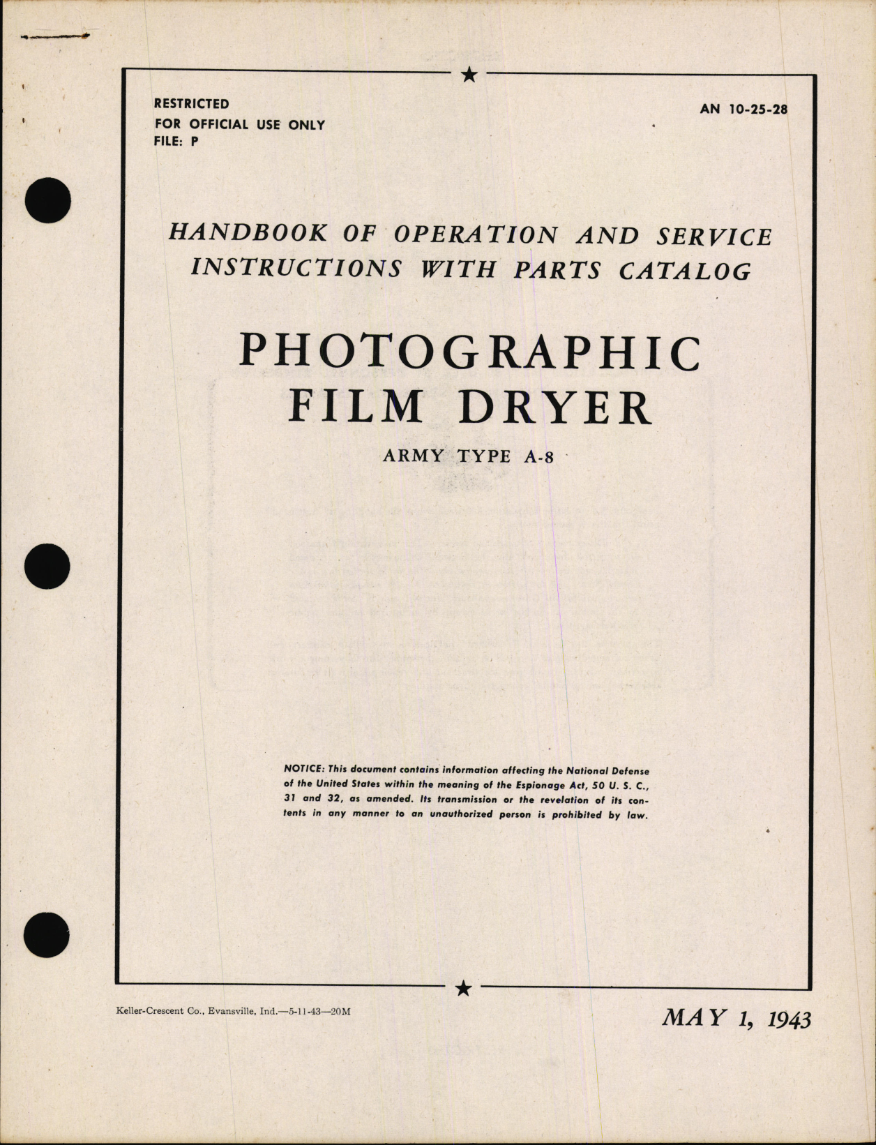 Sample page 1 from AirCorps Library document: Handbook of Operation and Service Instructions with Parts Catalog for Type A-8 Photographic Film Dryer