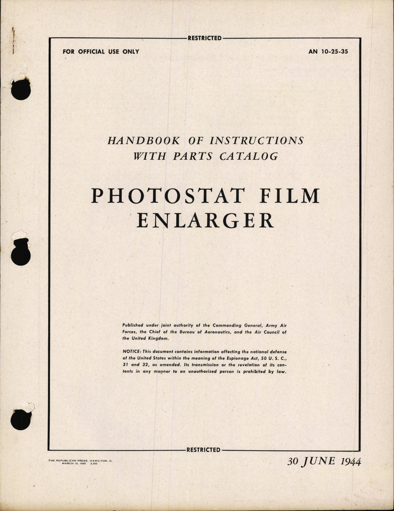 Sample page 1 from AirCorps Library document: Handbook of Instructions with Parts Catalog for Photostat Film Enlarger