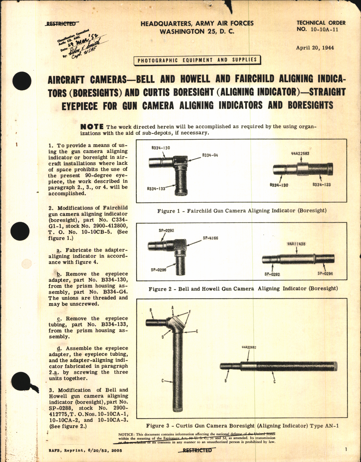 Sample page 1 from AirCorps Library document: Straight Eyepiece for Gun Camera Aligning Indicators and Boresights