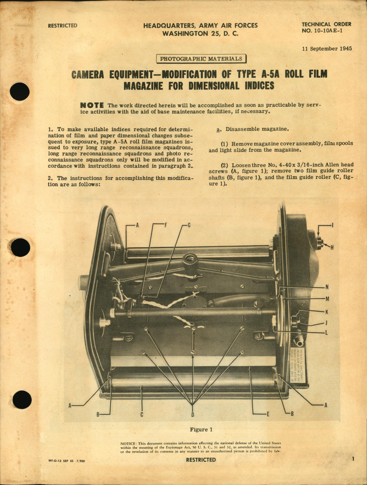 Sample page 1 from AirCorps Library document: Modification of the Type A-5A Roll Film Magazine for Dimensional Indices