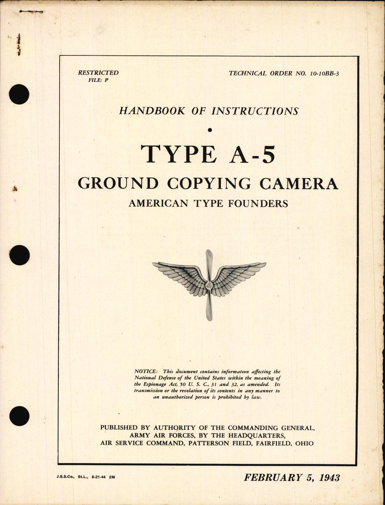 Sample page 1 from AirCorps Library document: Handbook of Instructions for Type A-5 Ground Copying Camera