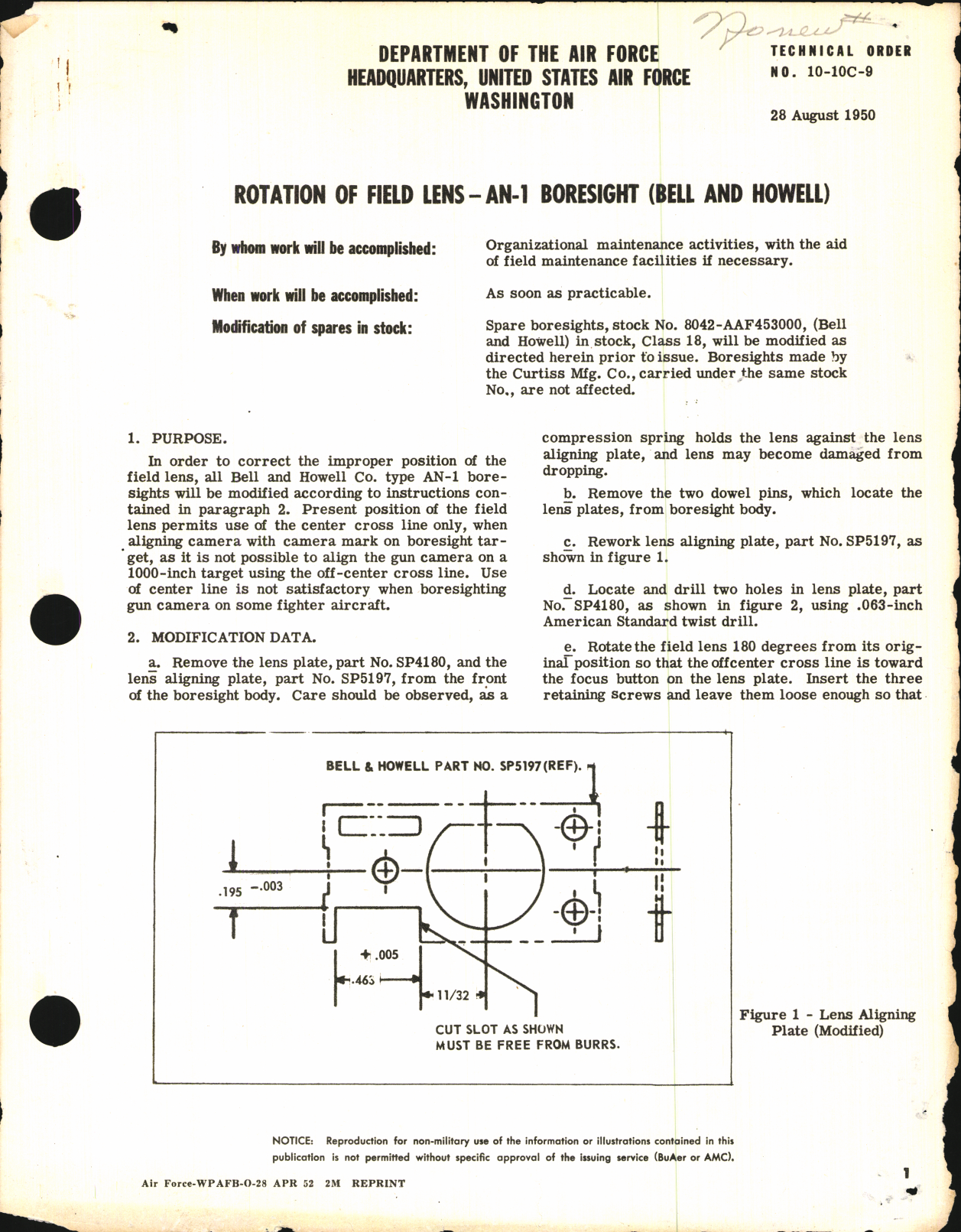 Sample page 1 from AirCorps Library document: Rotation of Field Lens for AN-1 Boresight