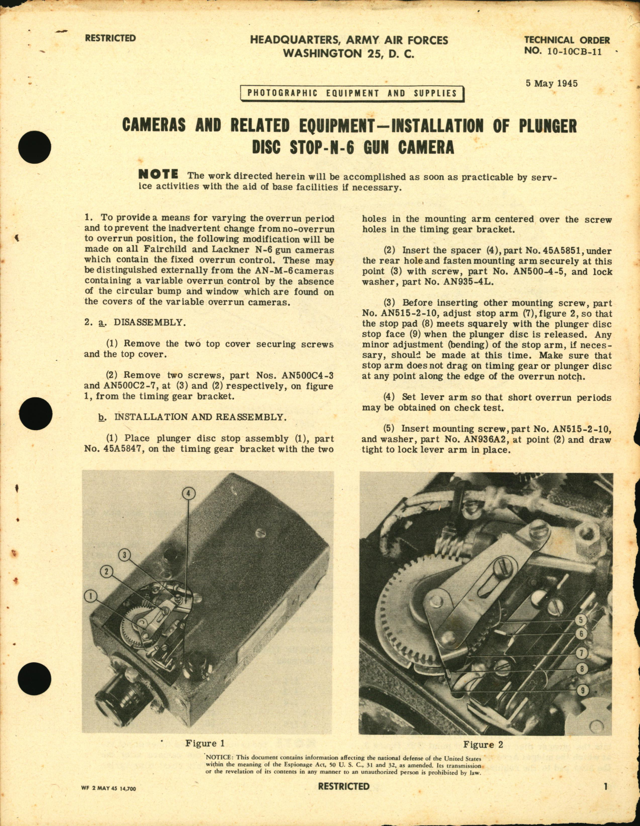 Sample page 1 from AirCorps Library document: Installation of Plunger Disc Stop for N-6 Gun Camera