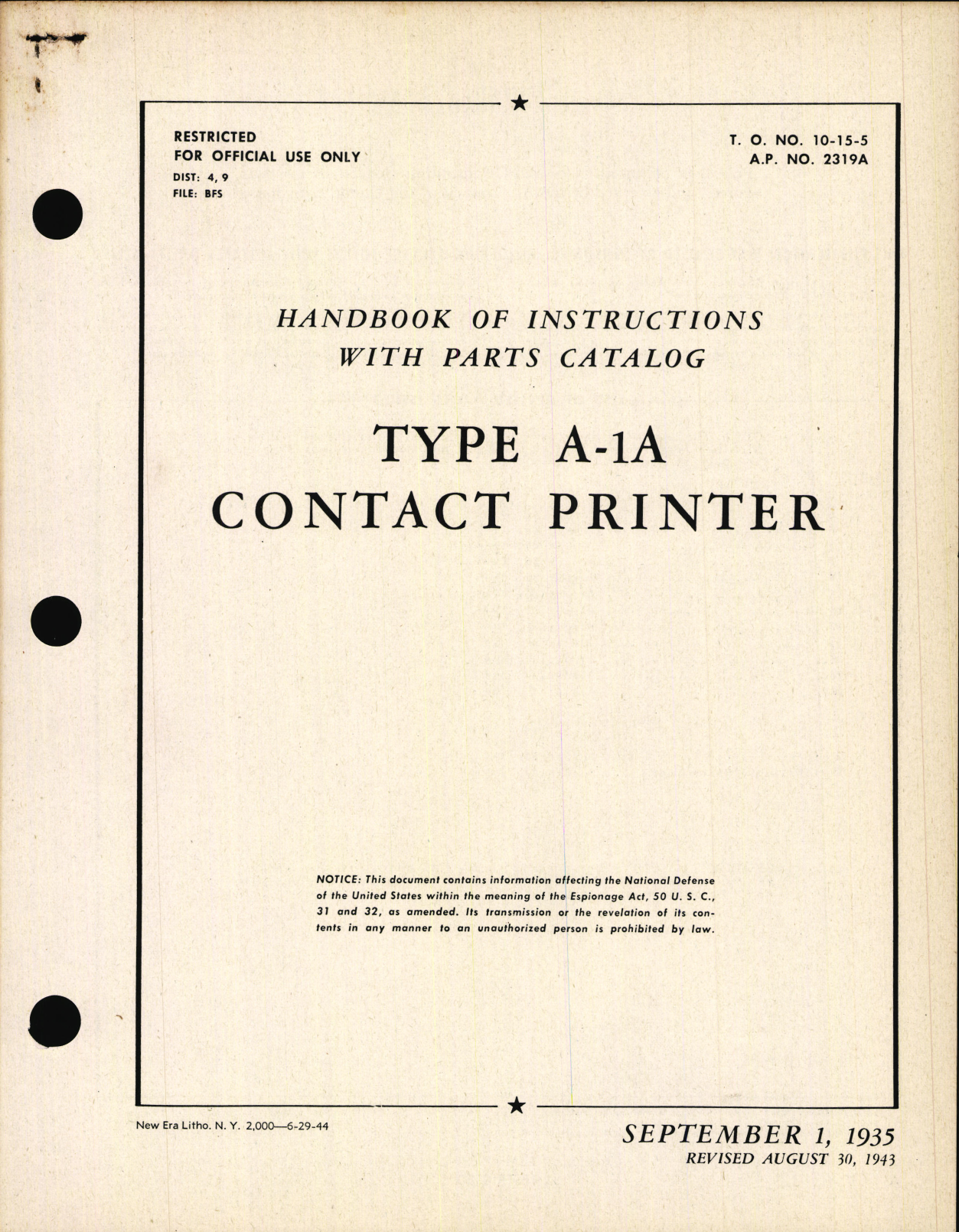 Sample page 1 from AirCorps Library document: Handbook of Instructions with Parts Catalog for Type A-1A Contact Printer