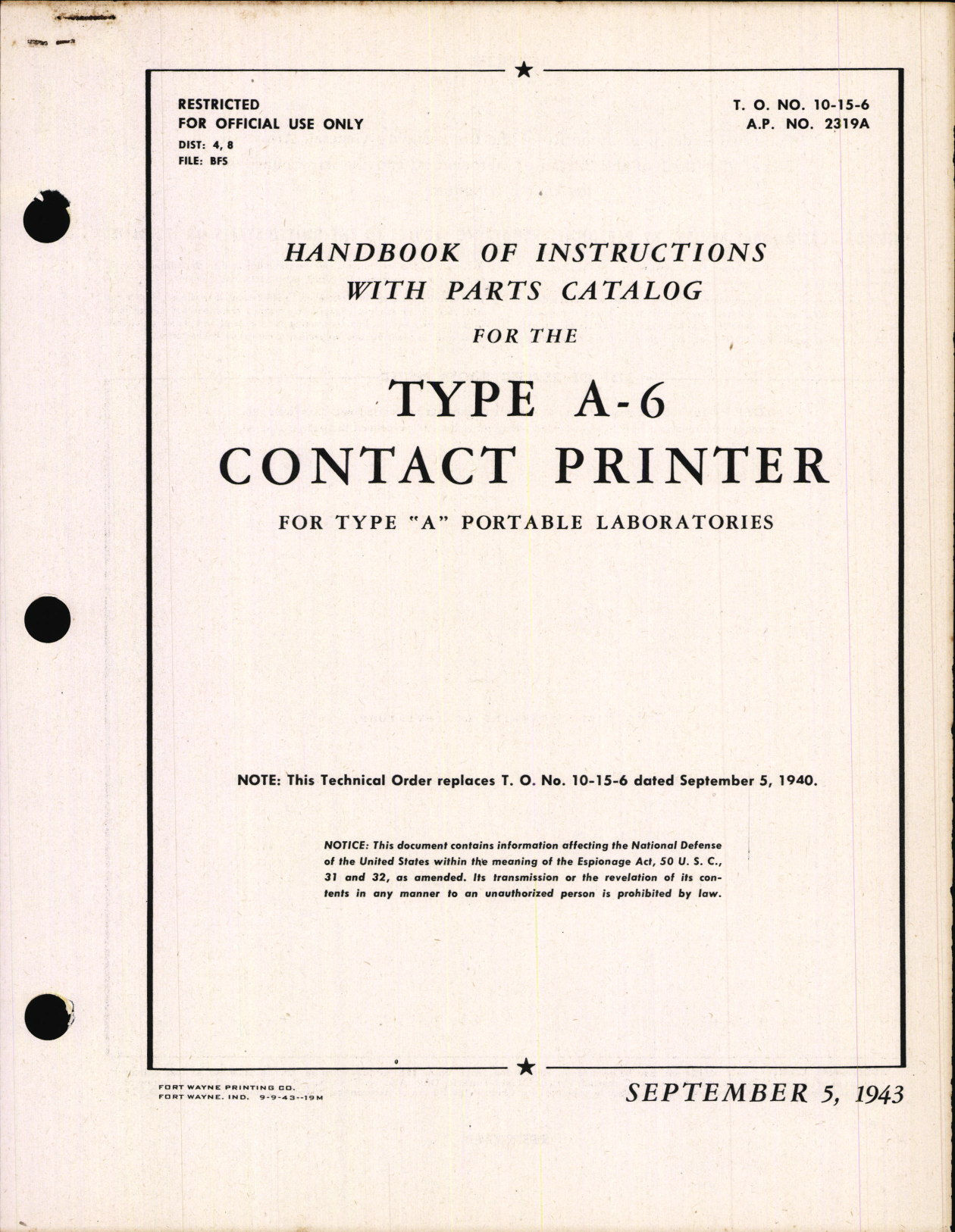 Sample page 1 from AirCorps Library document: Handbook of Instructions with Parts Catalog for Type A-6 Contact Printer For Type A Portable Laboratories