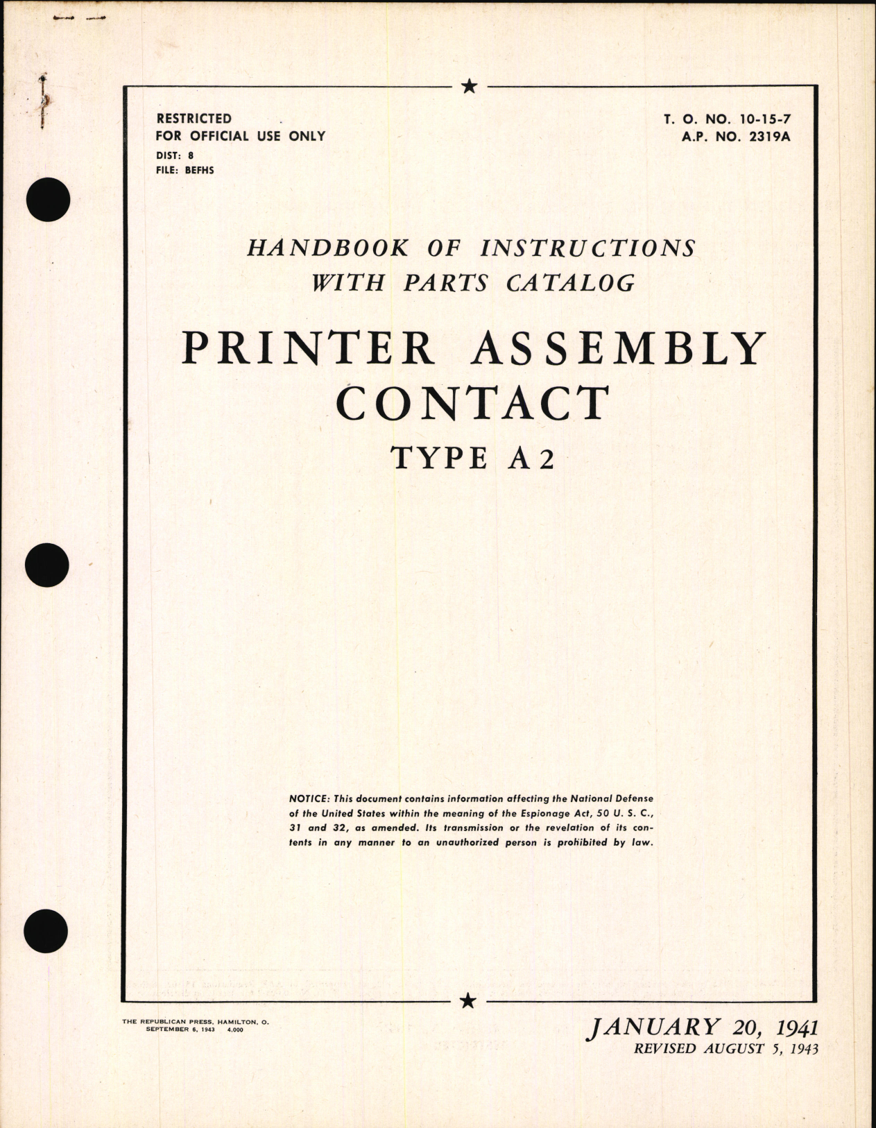 Sample page 1 from AirCorps Library document: Handbook of Instructions with Parts Catalog for Type A-2 Printer Contact Assembly