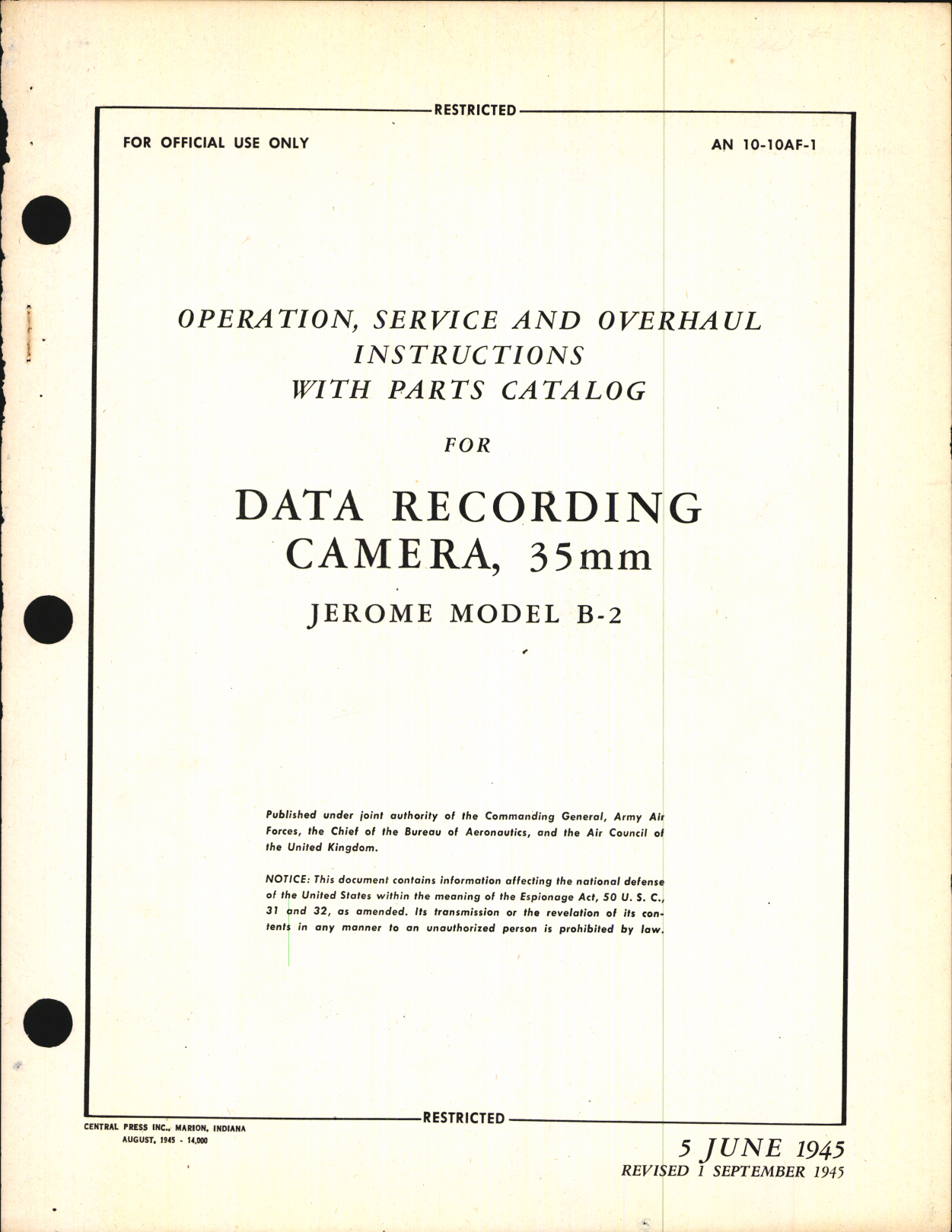 Sample page 1 from AirCorps Library document: Operation, Service, & Overhaul Instructions with Parts Catalog for Data Recording Camera Model B-2
