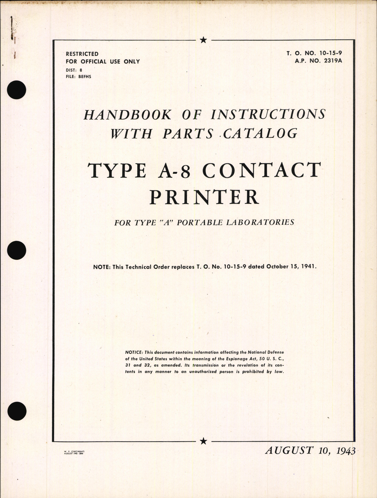 Sample page 1 from AirCorps Library document: Handbook of Instructions with Parts Catalog for Type A-8 Contact Printer for Type A Portable Laboratories