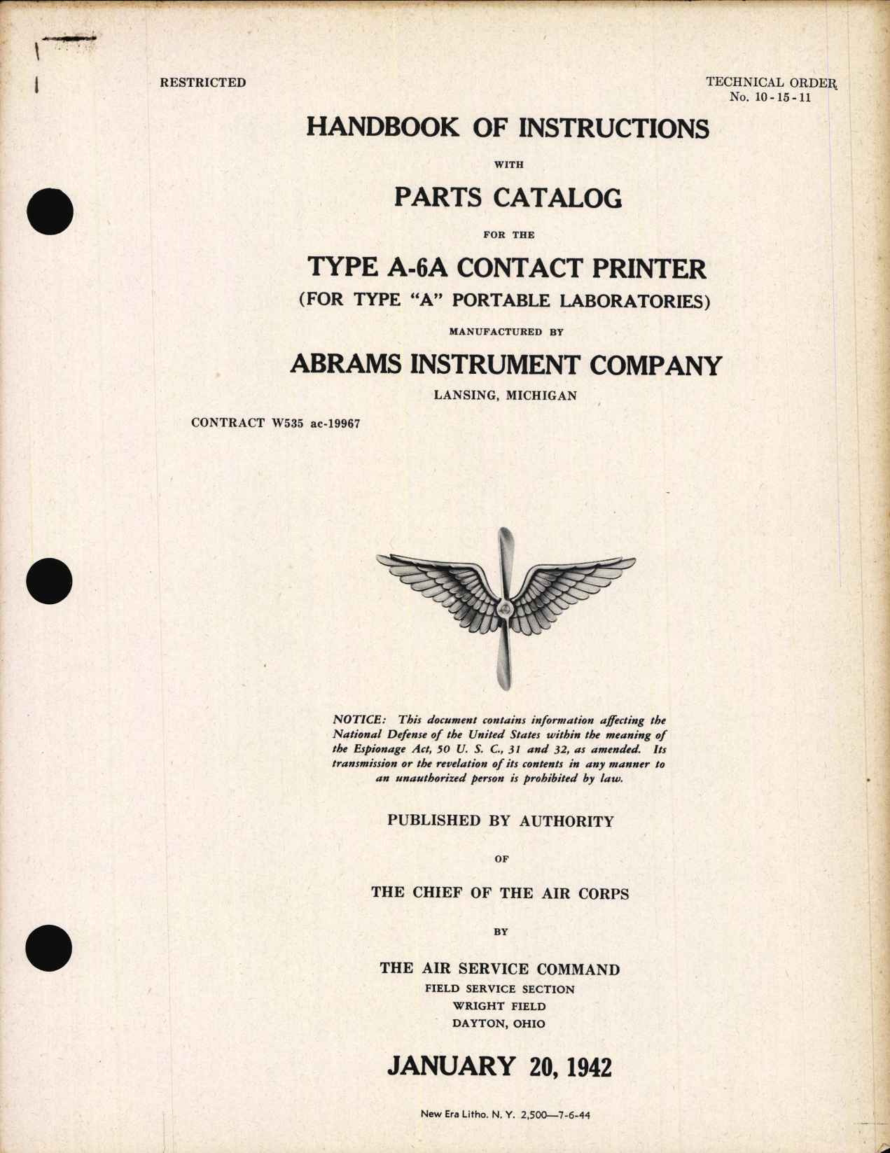 Sample page 1 from AirCorps Library document: Handbook of Instructions with Parts Catalog for Type A-6A Contact Printer for Type A Portable Laboratories
