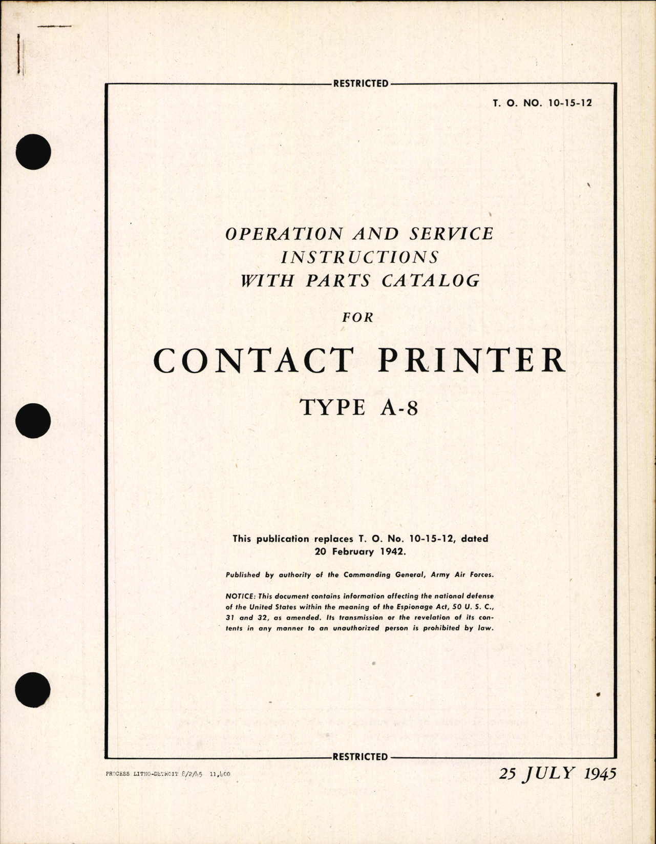 Sample page 1 from AirCorps Library document: Operation and Service Instructions with Parts Catalog for Type A-8 Contact Printer