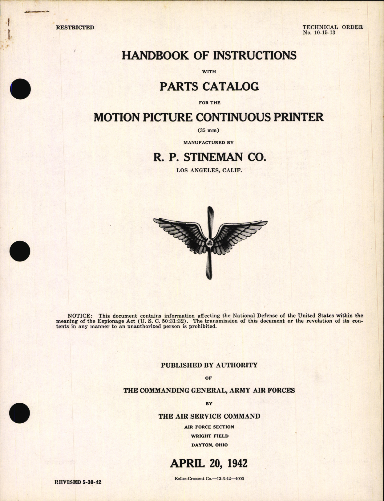 Sample page 1 from AirCorps Library document: Handbook of Instructions with Parts Catalog for the Motion Picture Continuous Printer (35 mm)