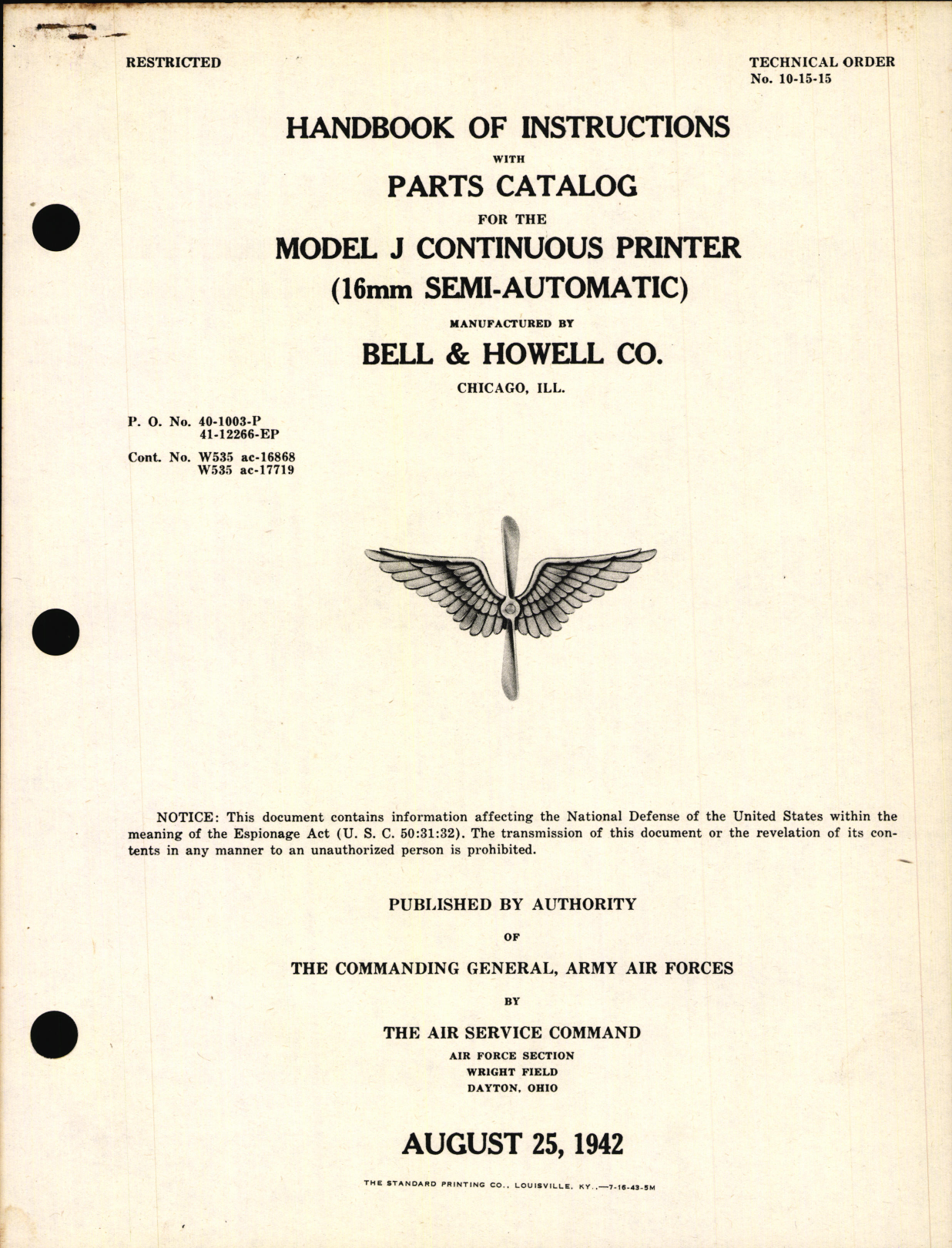 Sample page 1 from AirCorps Library document: Handbook of Instructions with Parts Catalog for Model J Continuous Printer (16 mm Semi-Automatic)