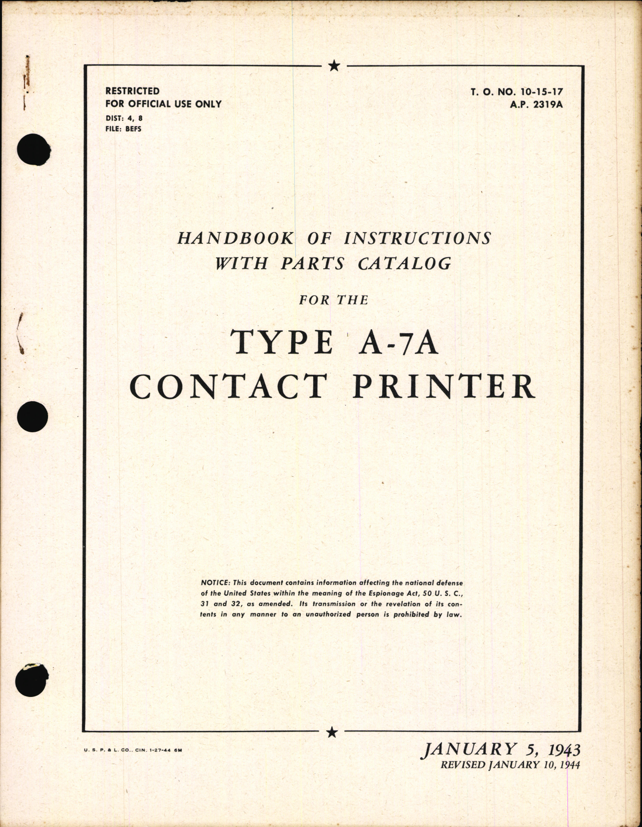 Sample page 1 from AirCorps Library document: Handbook of Instructions with Parts Catalog for Type A-7A Contact Printer