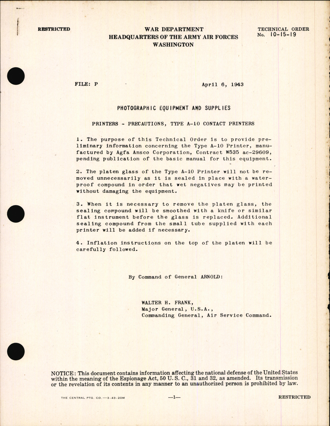 Sample page 1 from AirCorps Library document: Precautions for Type A-10 Printers