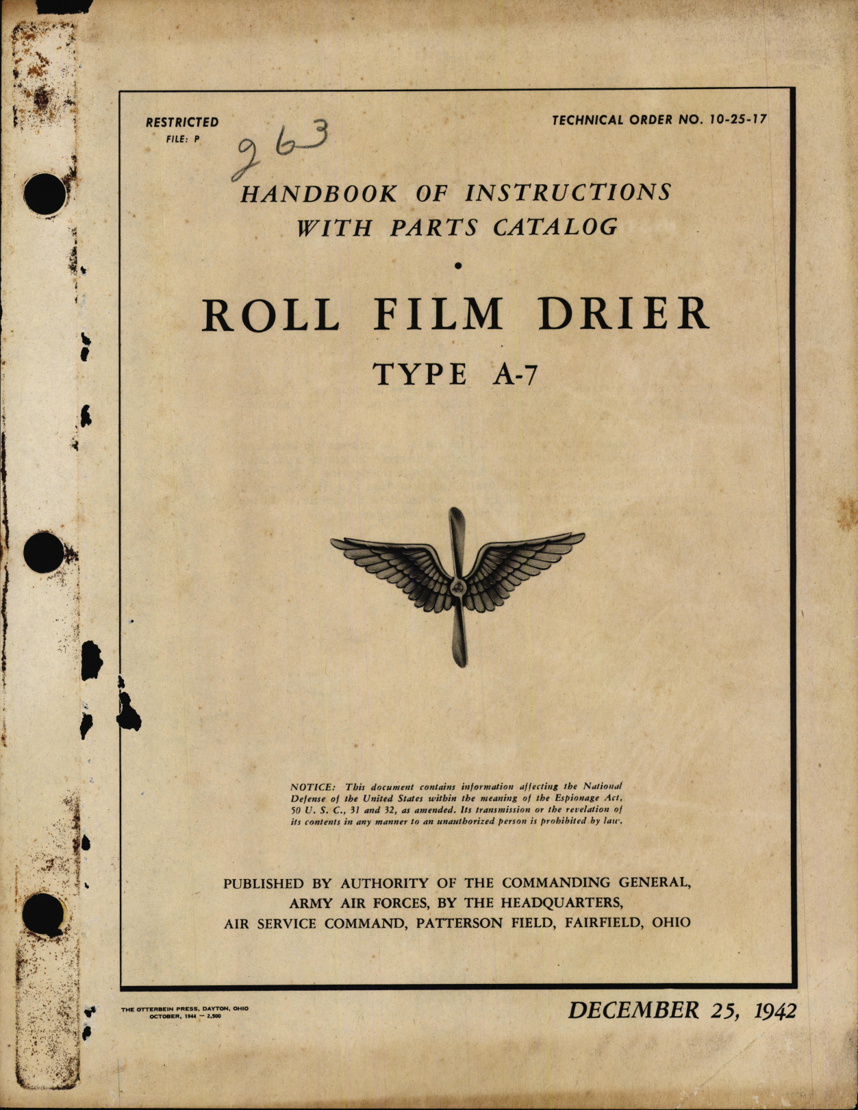 Sample page 1 from AirCorps Library document: Handbook of Instructions with Parts Catalog for Type A-7 Roll Film Dryer