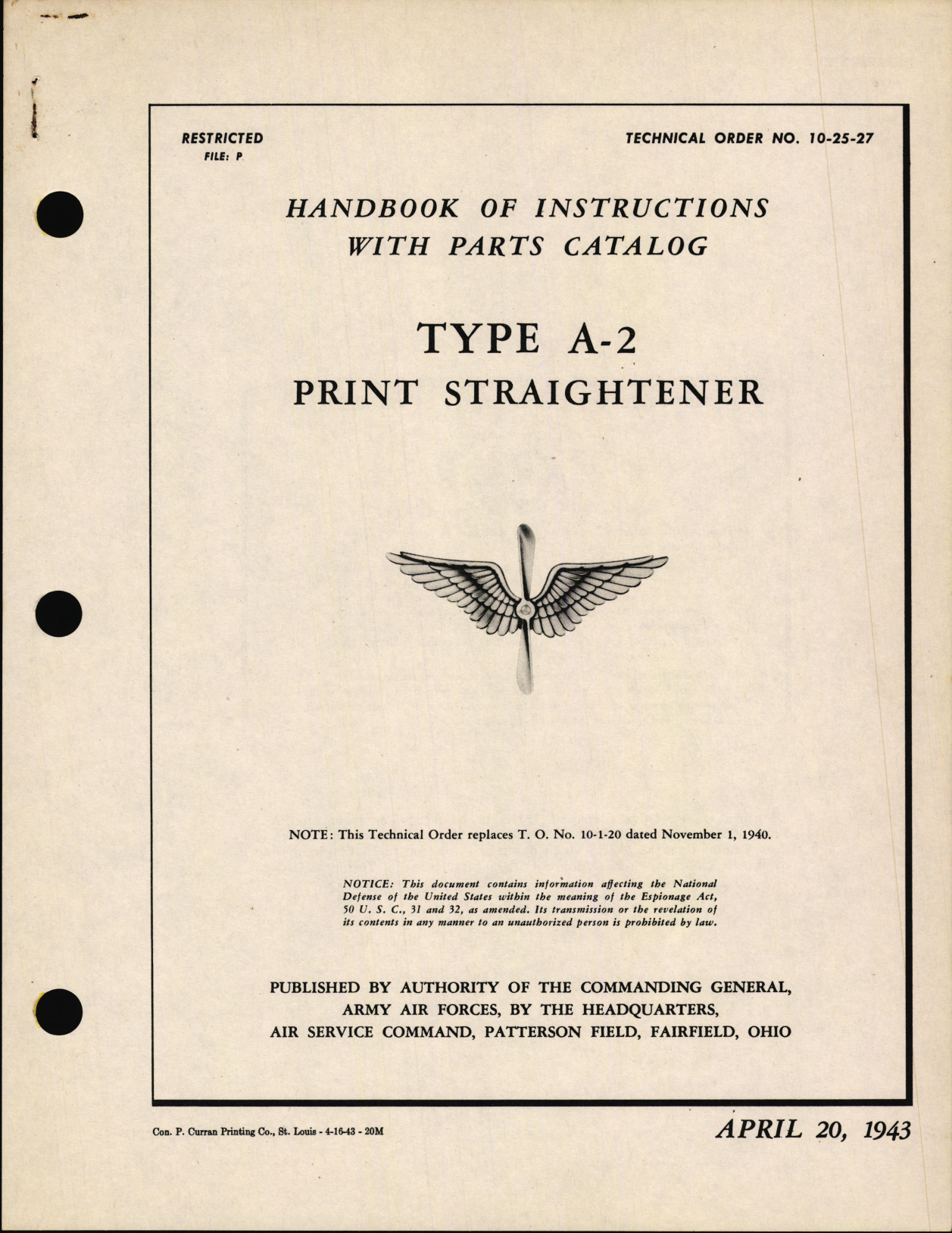 Sample page 1 from AirCorps Library document: Handbook of Instructions with Parts Catalog for Type A-2 Print Straightener