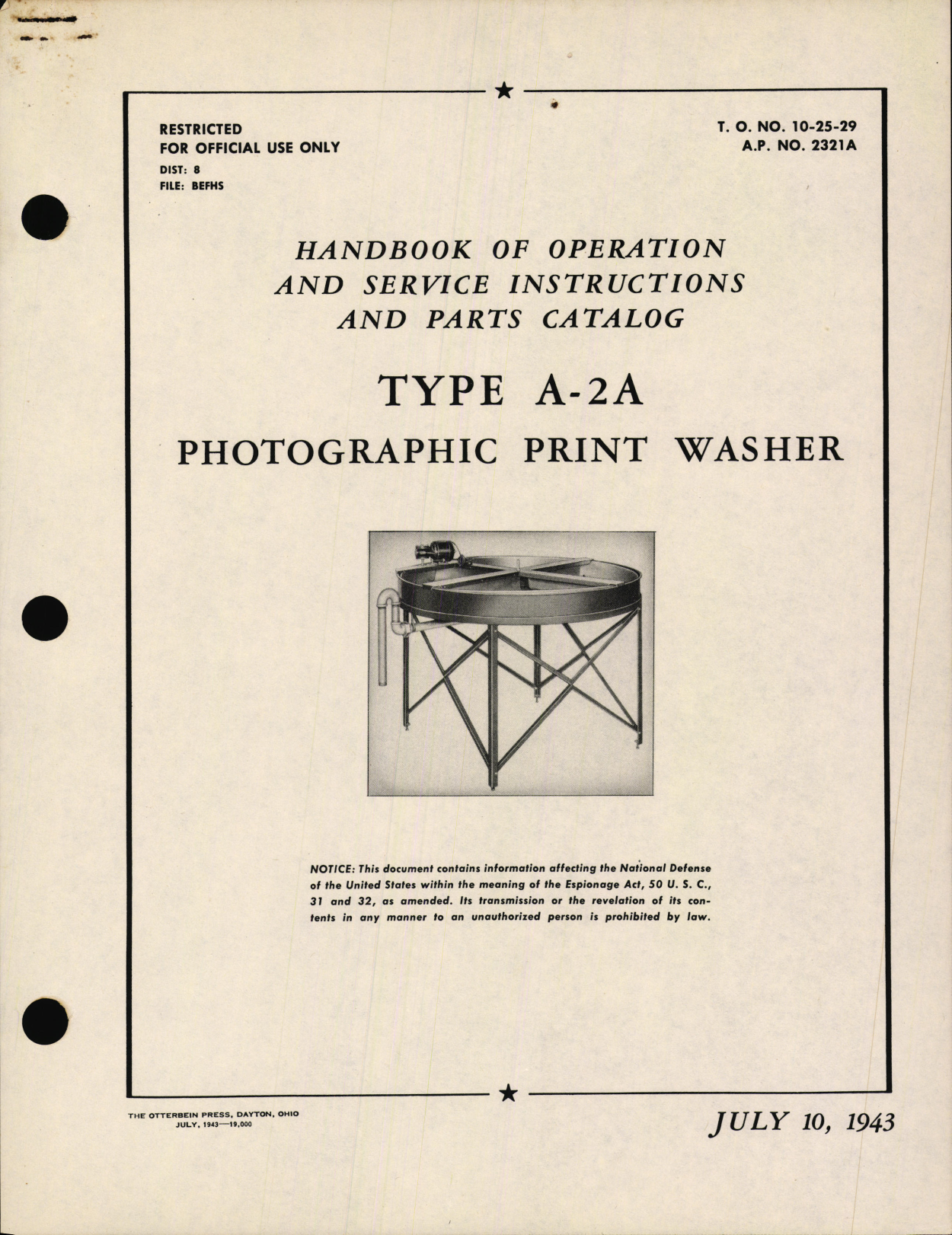 Sample page 1 from AirCorps Library document: Handbook of Operation and Service Instructions with Parts Catalog for Type A-2A Photographic Print Washer