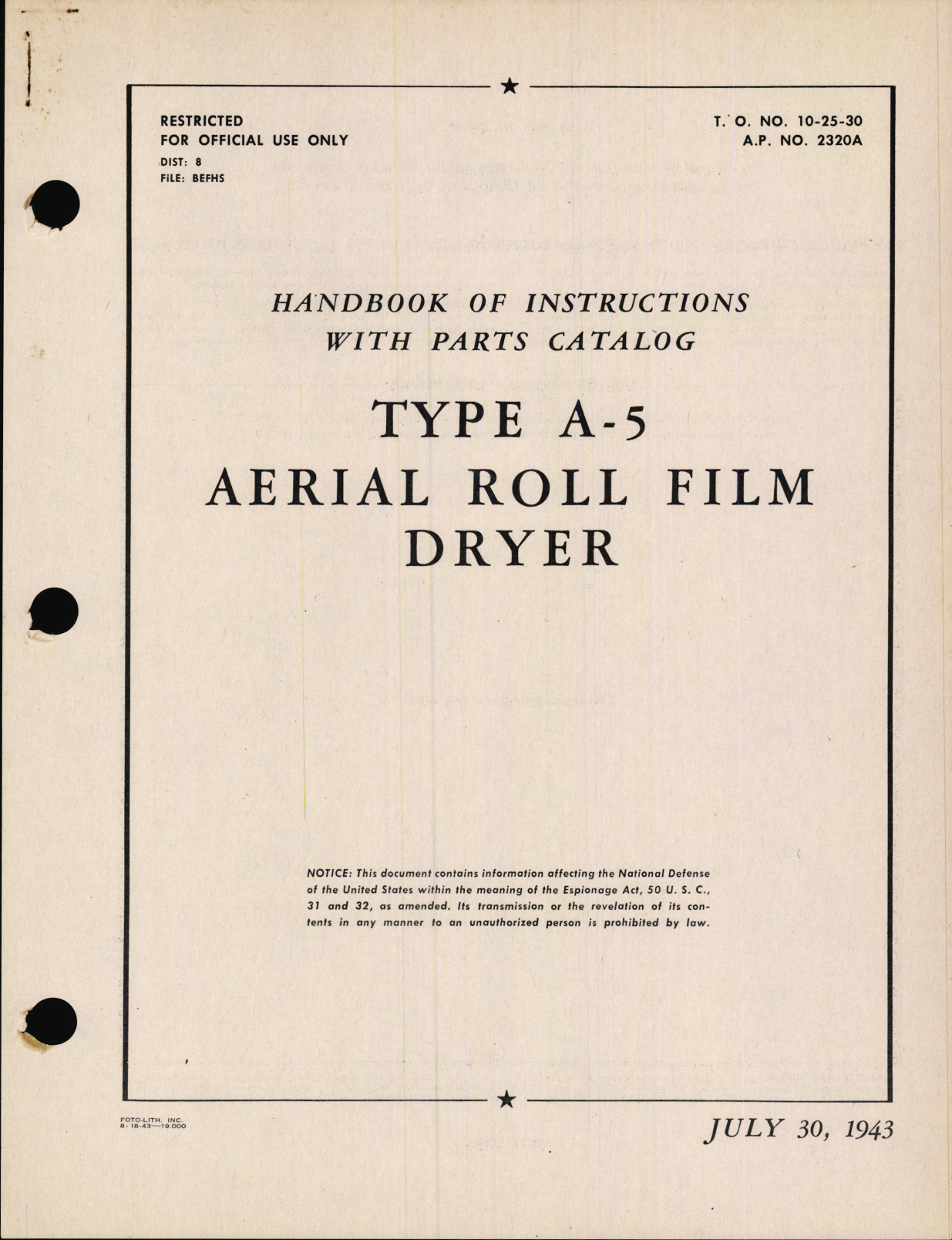 Sample page 1 from AirCorps Library document: Handbook of Instructions with Parts Catalog for Type A-5 Aerial Roll Film Dryer