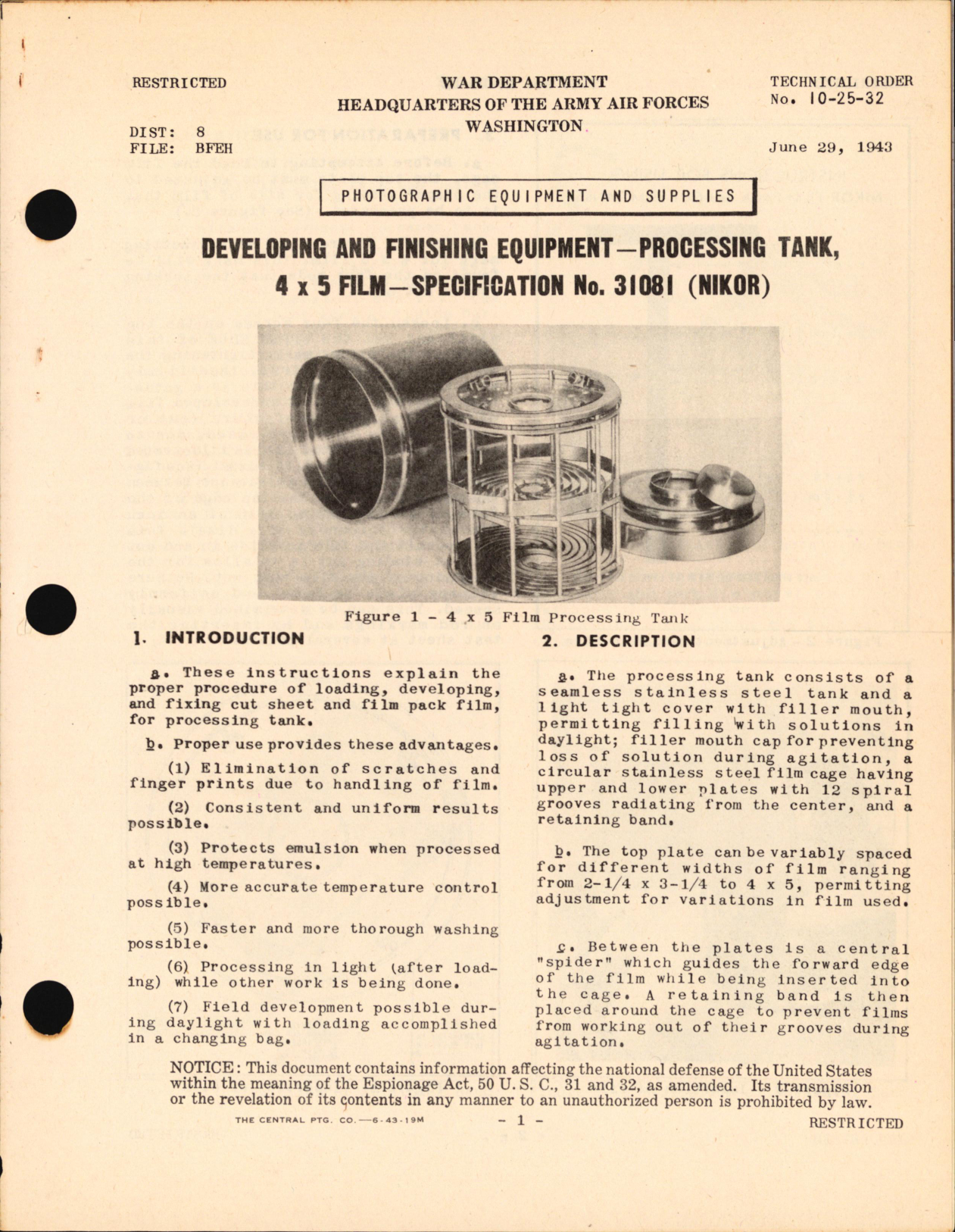 Sample page 1 from AirCorps Library document: Processing Tank for 4 x 5 Film - Specification No. 31081 (Nikor)