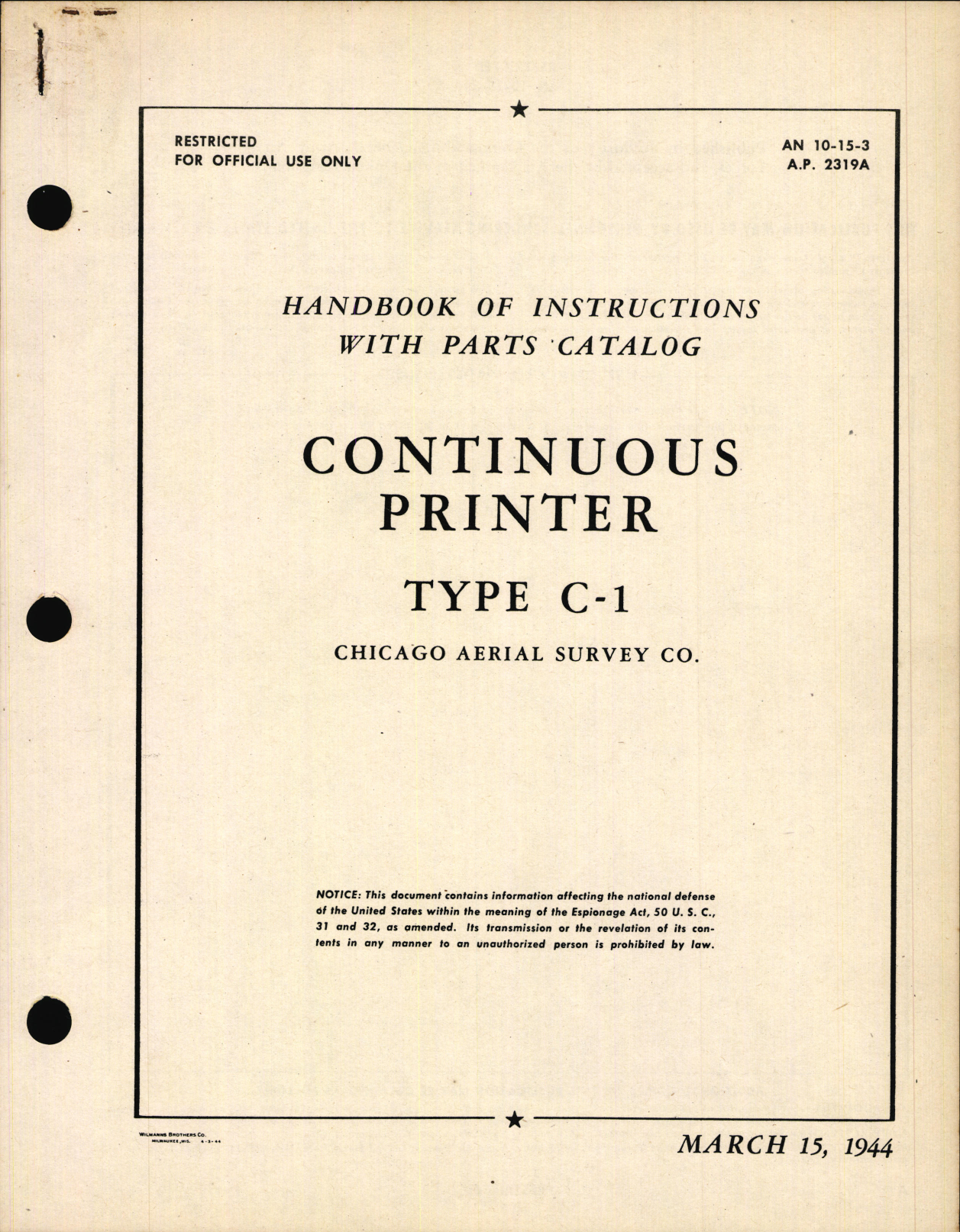 Sample page 1 from AirCorps Library document: Handbook of Instructions with Parts Catalog for Type C-1 Continuous Printer