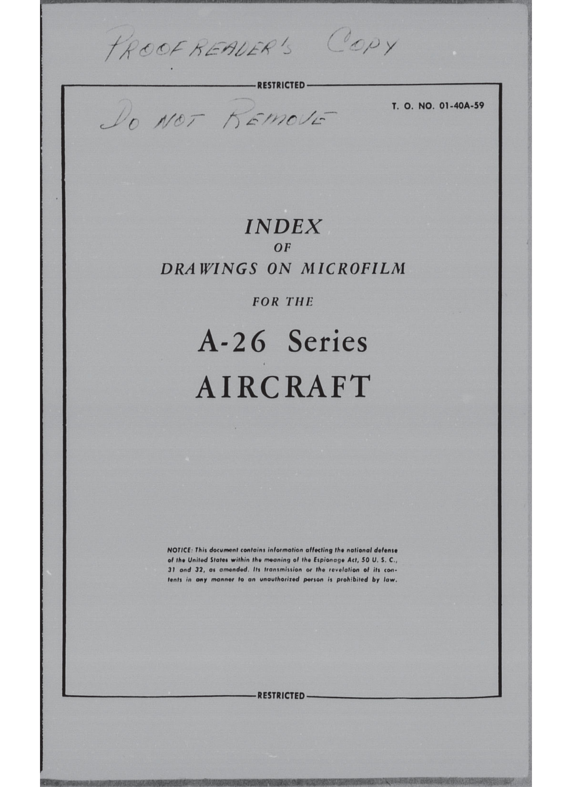 Sample page 1 from AirCorps Library document: Index of Drawings on Microfilm for the A-26 Series Aircraft