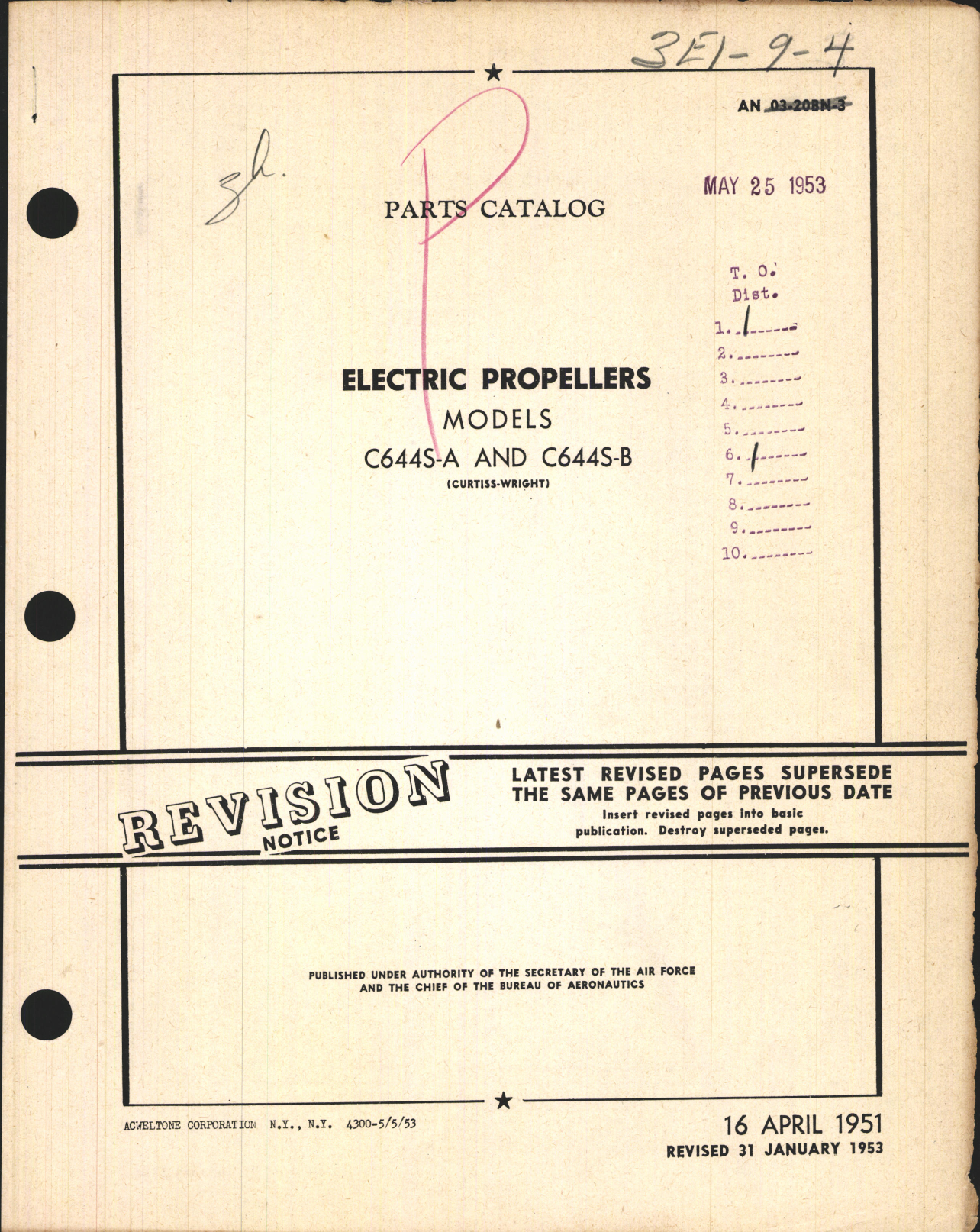 Sample page 1 from AirCorps Library document: Parts Catalog for Curtiss Electric Propeller Models C644S-A and C644S-B