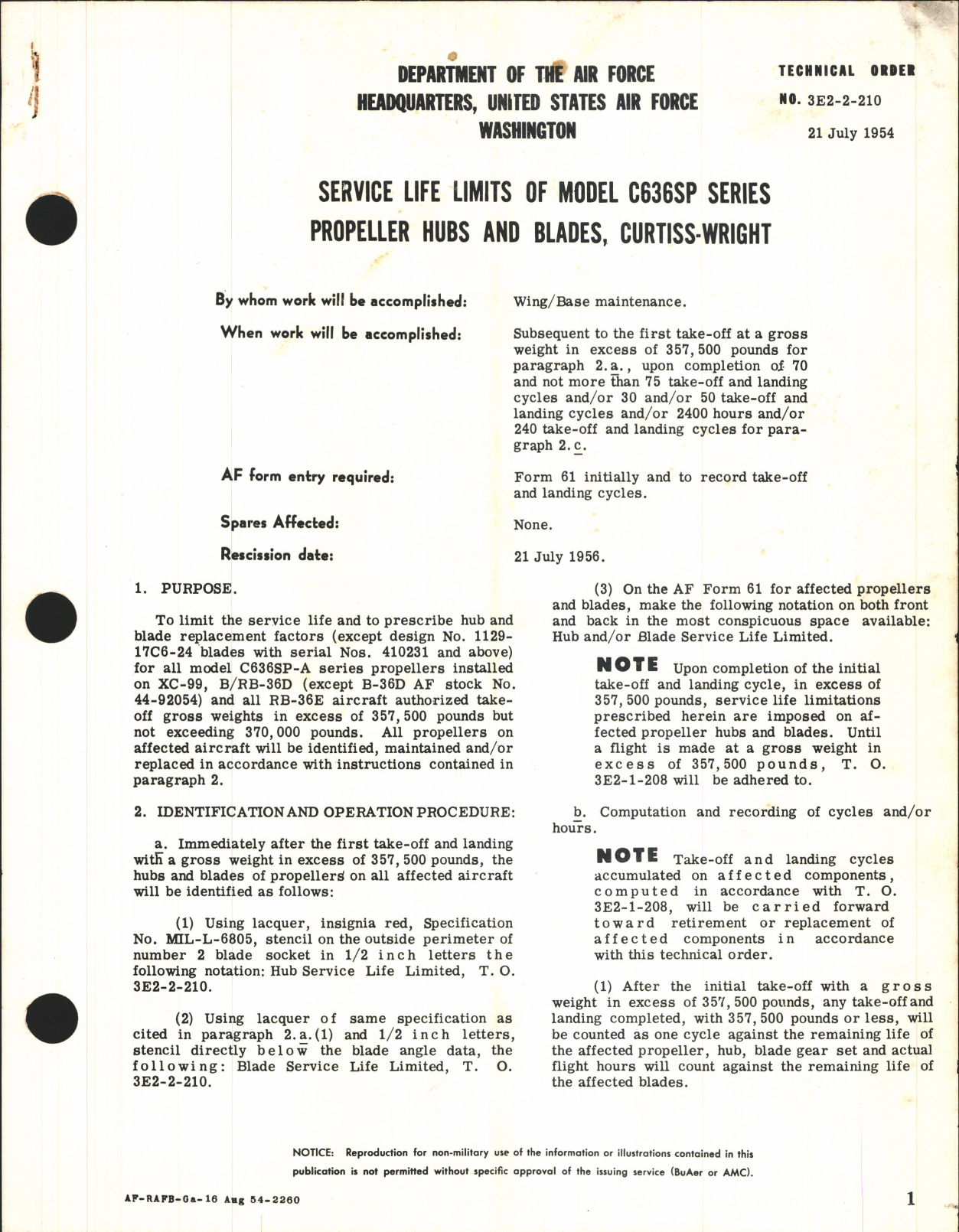 Sample page 1 from AirCorps Library document: Service Life Limits of Model C36SP Series Propeller Hubs and Blades