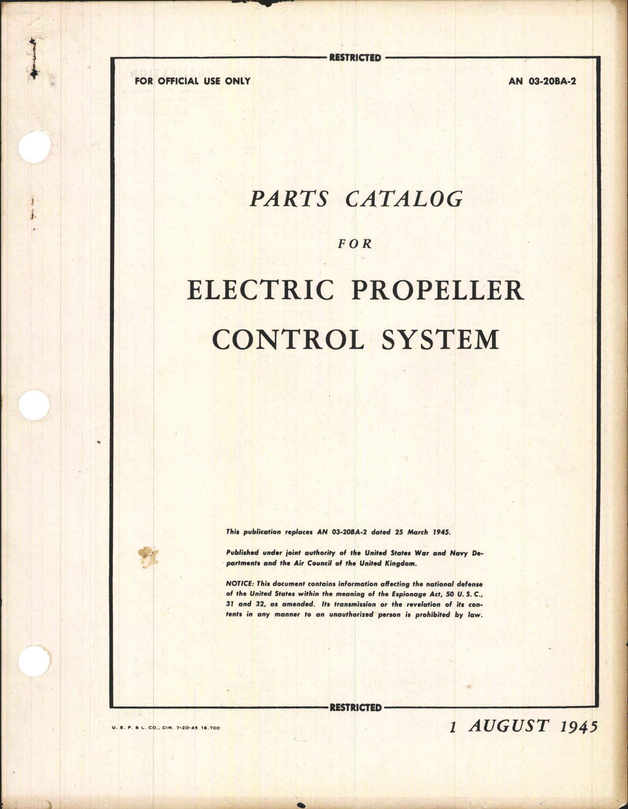 Sample page 1 from AirCorps Library document: Parts Catalog for Electric Propeller Control System