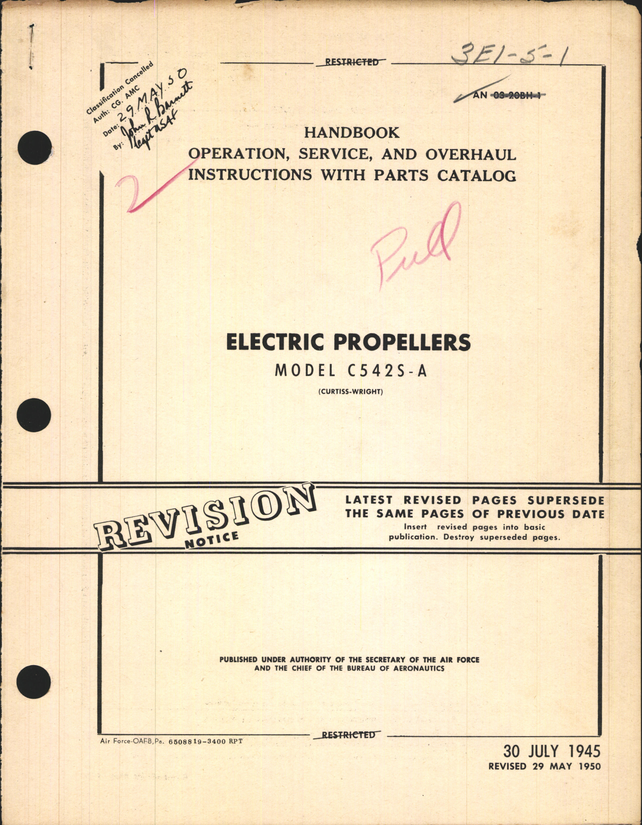 Sample page 1 from AirCorps Library document: Operation, Service, & Overhaul Instructions with Parts Catalog for Electric Propellers Model C542S-A