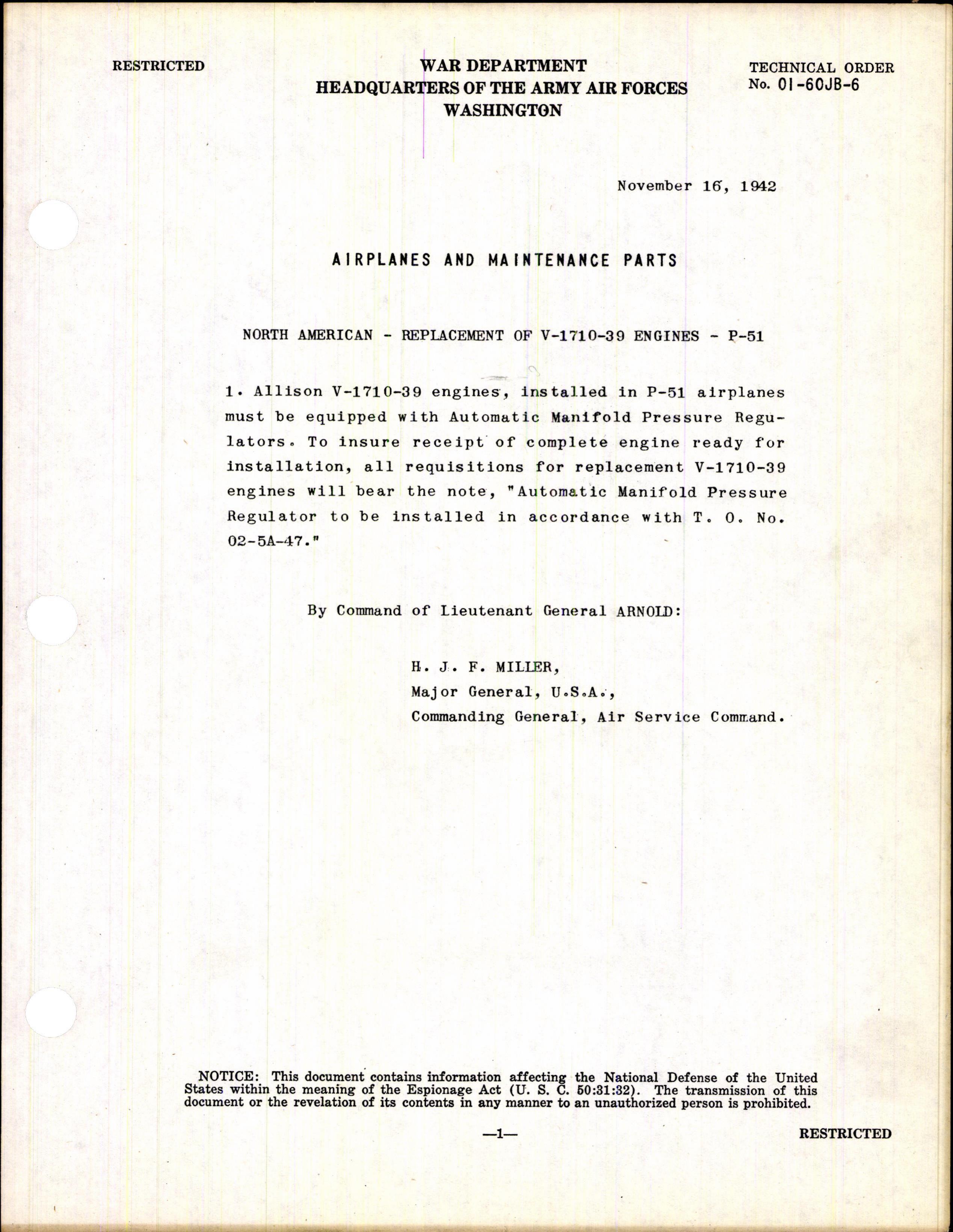 Sample page 1 from AirCorps Library document: Airplane and Maintenance Parts, Replacement Engine for P-51